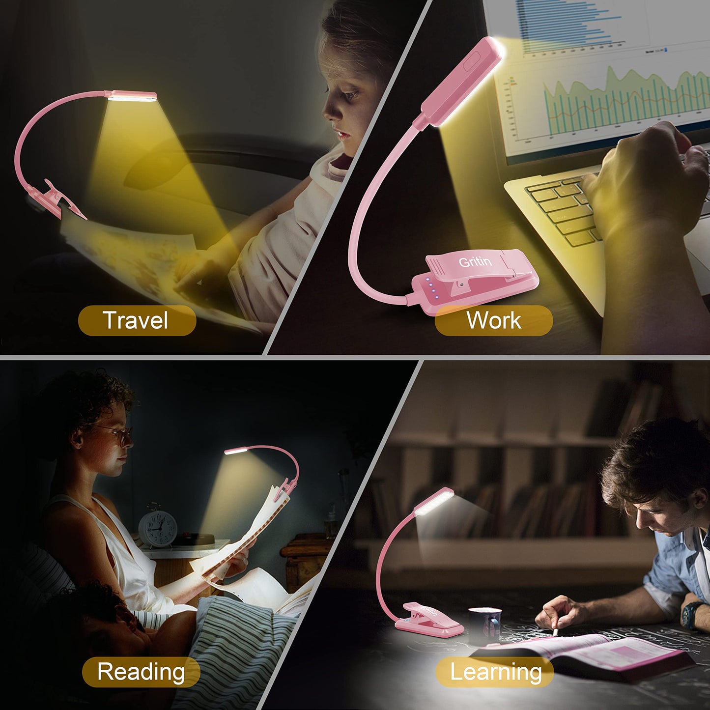 Gritin 9 LED Rechargeable Book Light for Reading in Bed - Eye Caring 3 Color Temperatures,Stepless Dimming Brightness,80 Hrs Runtime Small Lightweight Clip On Book Reading Light for Studying-Pink