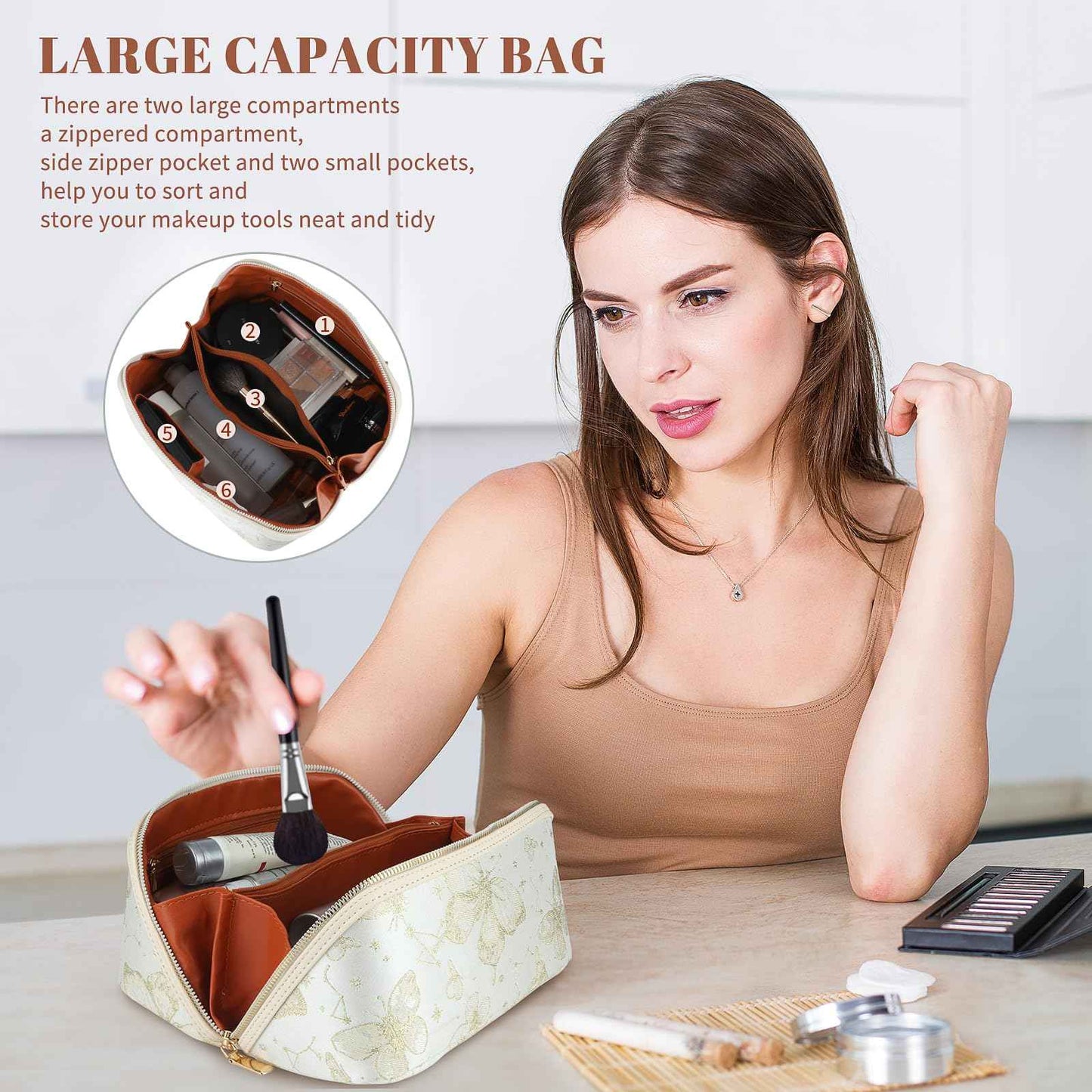 KEYPOWER Large Capacity Cosmetic Bag with Butterfly Pattern Travel Makeup Bag Portable Toiletry Bag with Handle for Women (White)