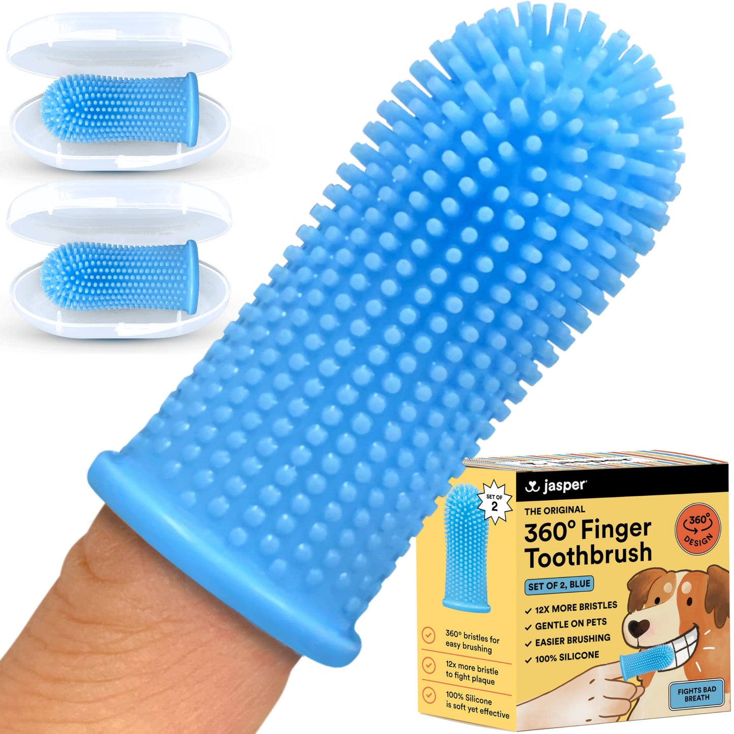 Jasper Dog Toothbrush, 360º Dog Tooth Brushing Kit, Cat Toothbrush, Dog Teeth Cleaning, Dog Finger Toothbrush, Dog Tooth Brush for Small & Large Pets, Dog Toothpaste Not Included, 2-Pack Blue