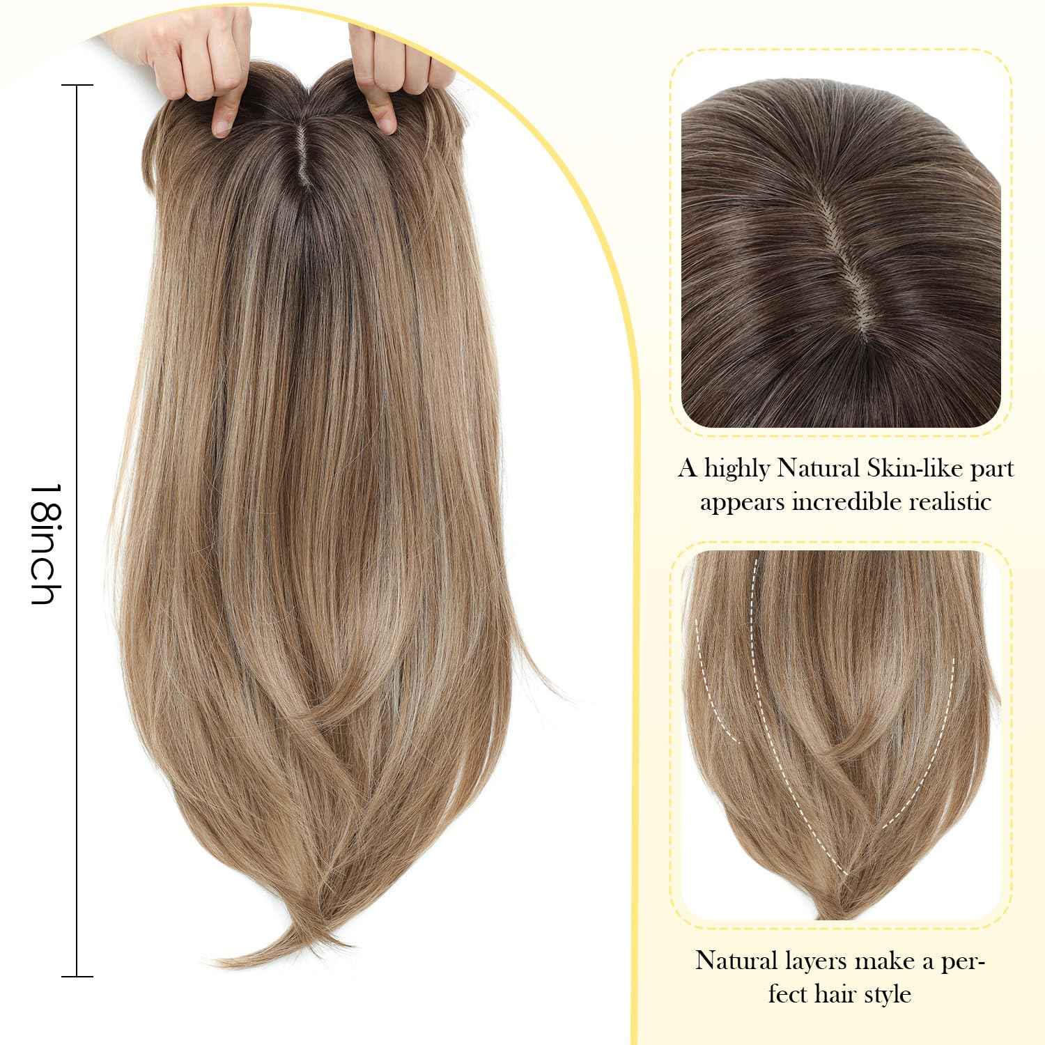 PANEWAY Hair Topper With Bangs Straight 18inch Toppers 6.5“ ×6.5” Base Premium Synthetic Hair Pieces For Women-Light Brown with Dark Root