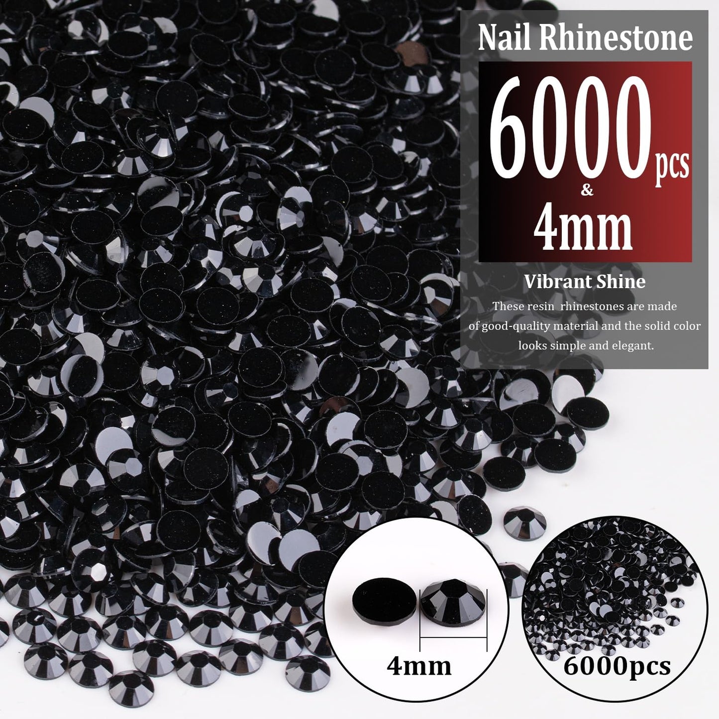 6000pcs 4mm Resin Rhinestones Bulk, Black Flatback Round Jelly Rhinestones Bedazzling Non Hotfix Crystal Gems Large Quantity Wholesale for DIY Crafts Clothes Bottles Tumblers Face Makeup Manicure