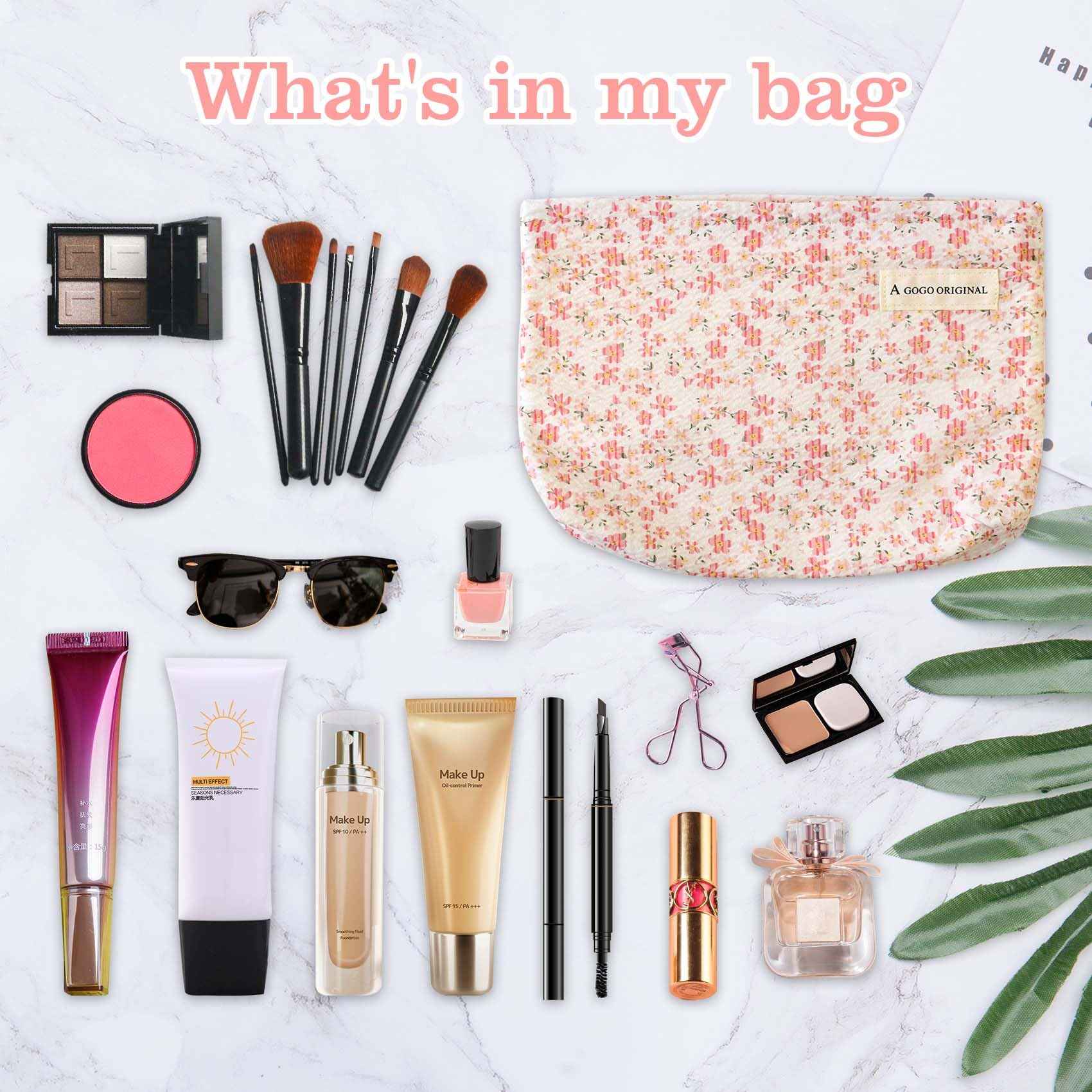 giteo bedding Aesthetic Makeup Bag Cotton, Quilted Floral Make up Bags, Travel Toiletry Bag Women, Daily Use Cosmetic Bags for Girls, Pink Makeup Bag for Purse, Cosmetics Organizer Pouch (Pink)