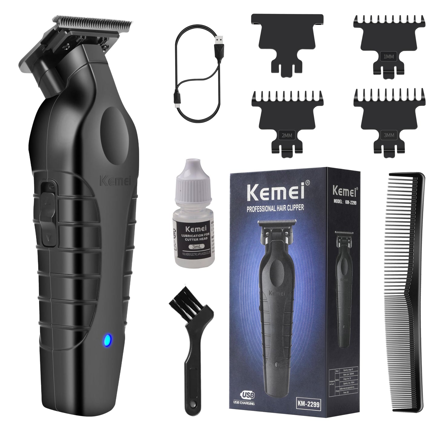 KEMEI 2299 Professional Hair/Beard Trimmer for Men Zero Gapped Hair Clippers for Barber with T Blade, Cordless Rechargeable