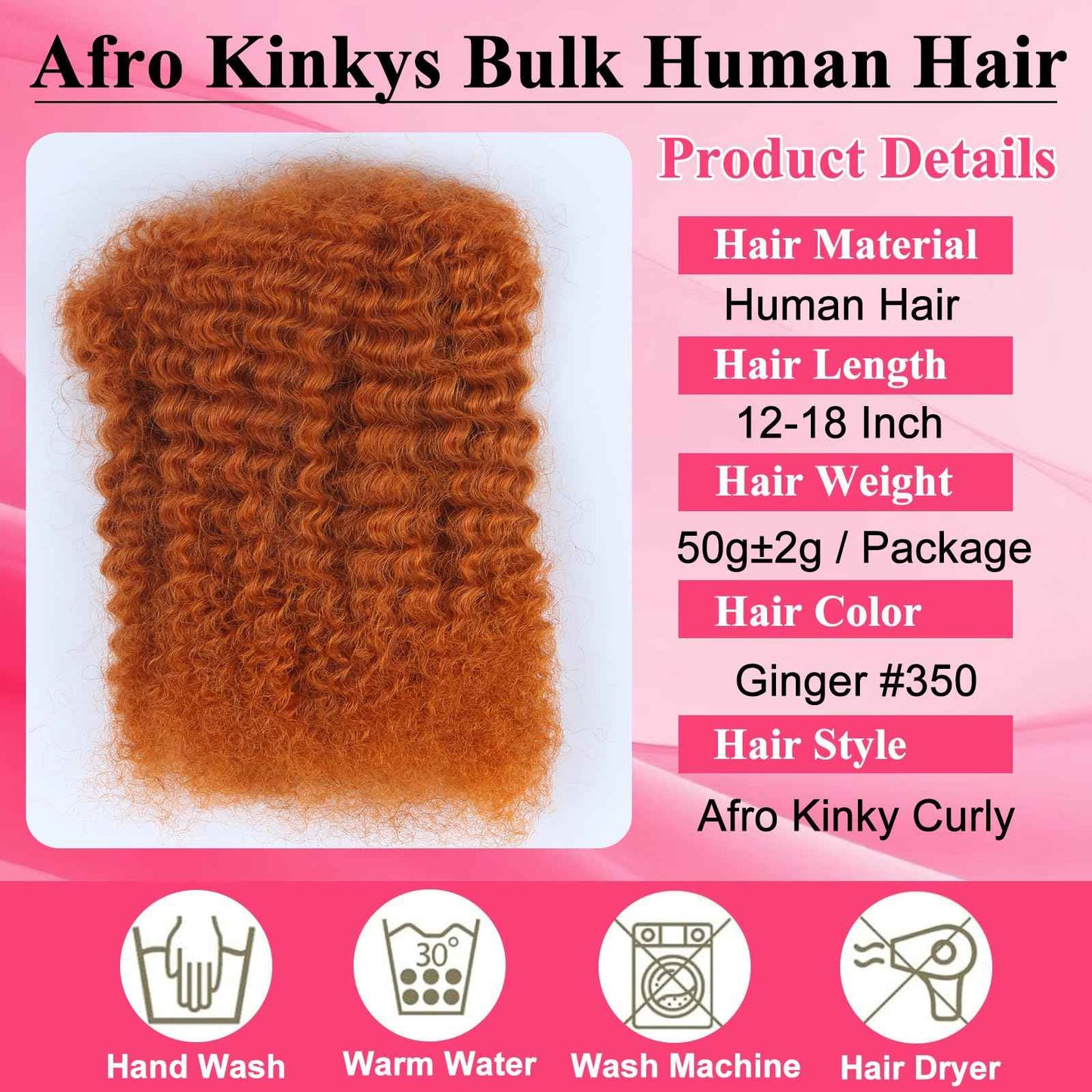 Afro Kinkys Bulk Human Hair for Braiding Afro Kinky-Curly Human Hair Bulk for Twist Ginger 18 Inch 50g/Bundle No Weft 4c Kinky Curly Bundles for Braids Micro Locs Dreadlock Extensions #350