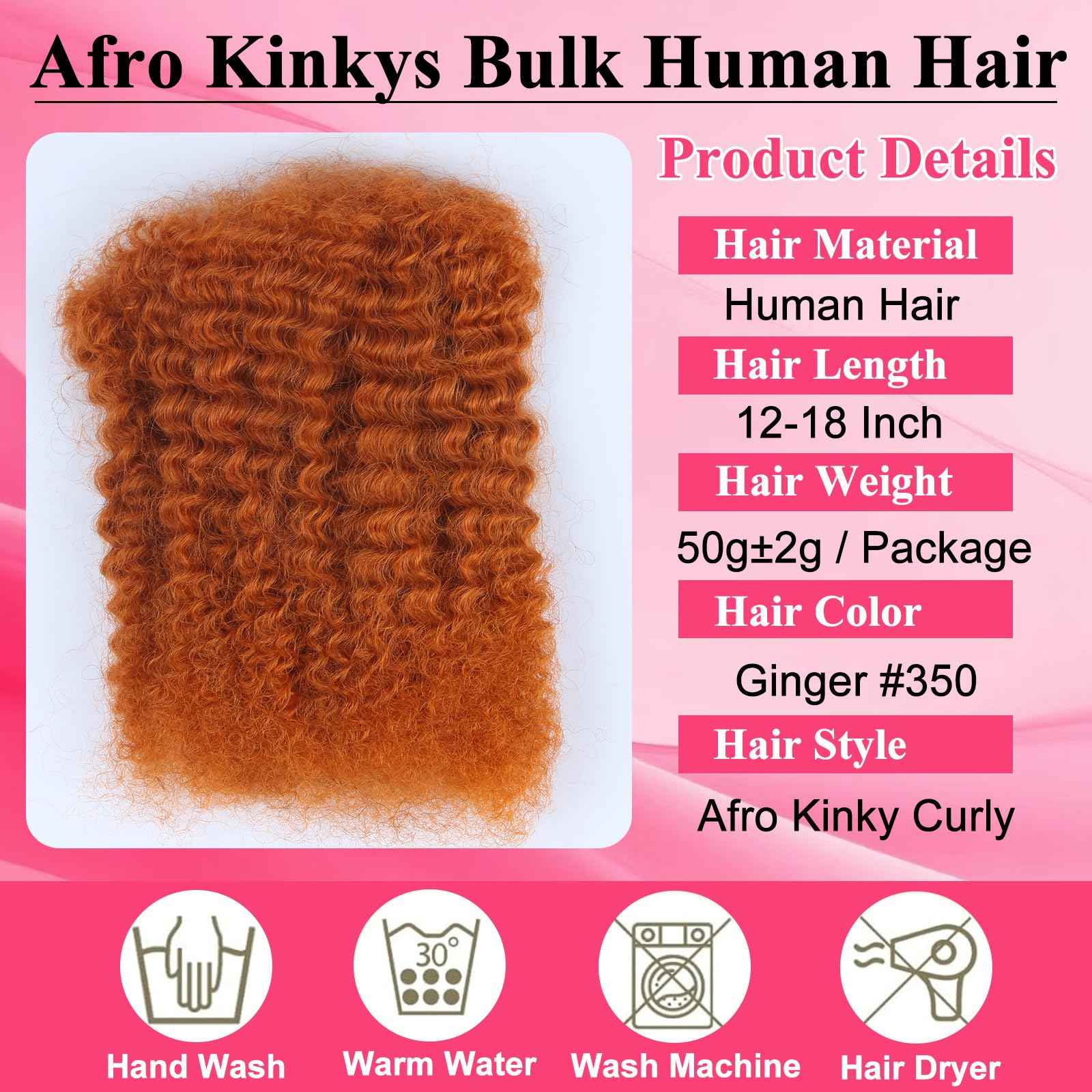 Afro Kinkys Bulk Human Hair for Braiding Afro Kinky-Curly Human Hair Bulk for Twist Ginger 18 Inch 50g/Bundle No Weft 4c Kinky Curly Bundles for Braids Micro Locs Dreadlock Extensions #350