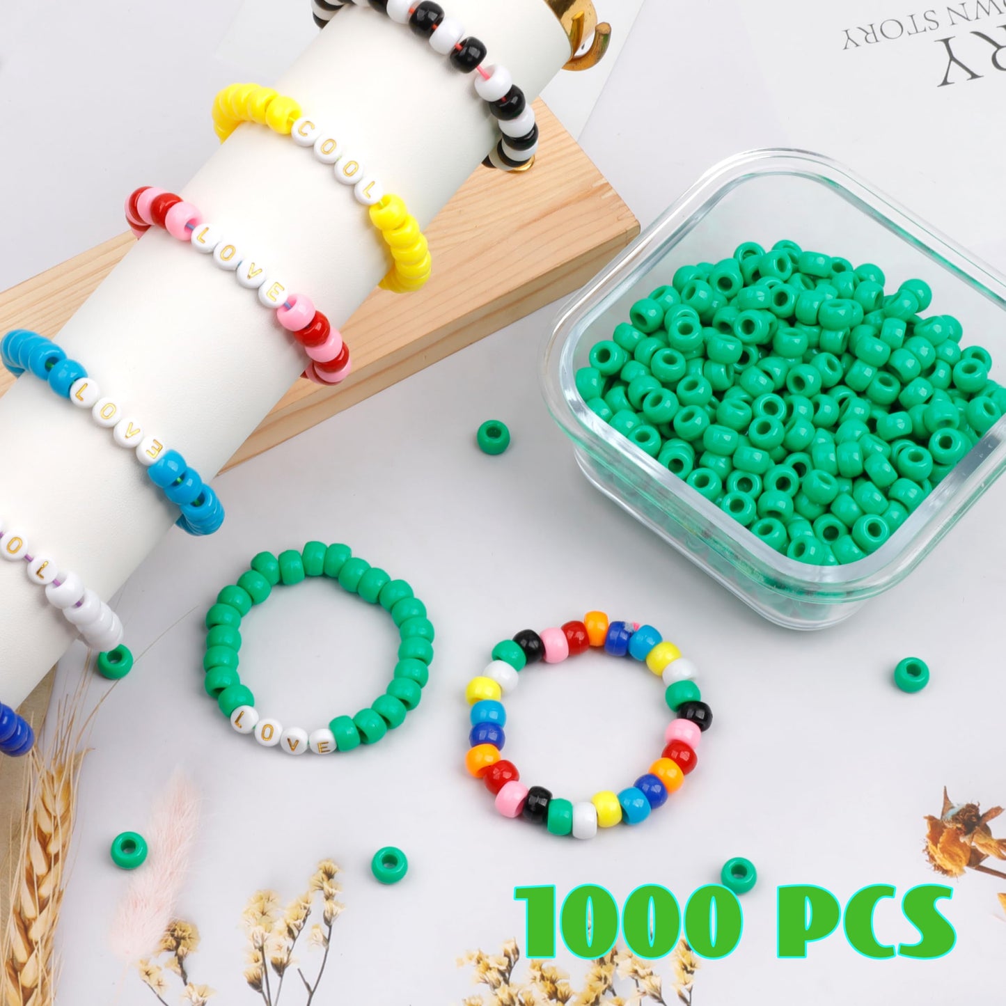 Auvoau 1000Pcs Pony Beads Bracelet 9mm Green Plastic Barrel Pony Beads for Necklace,Hair Beads for Braids for Girls,Key Chain,Jewelry Making (Green)