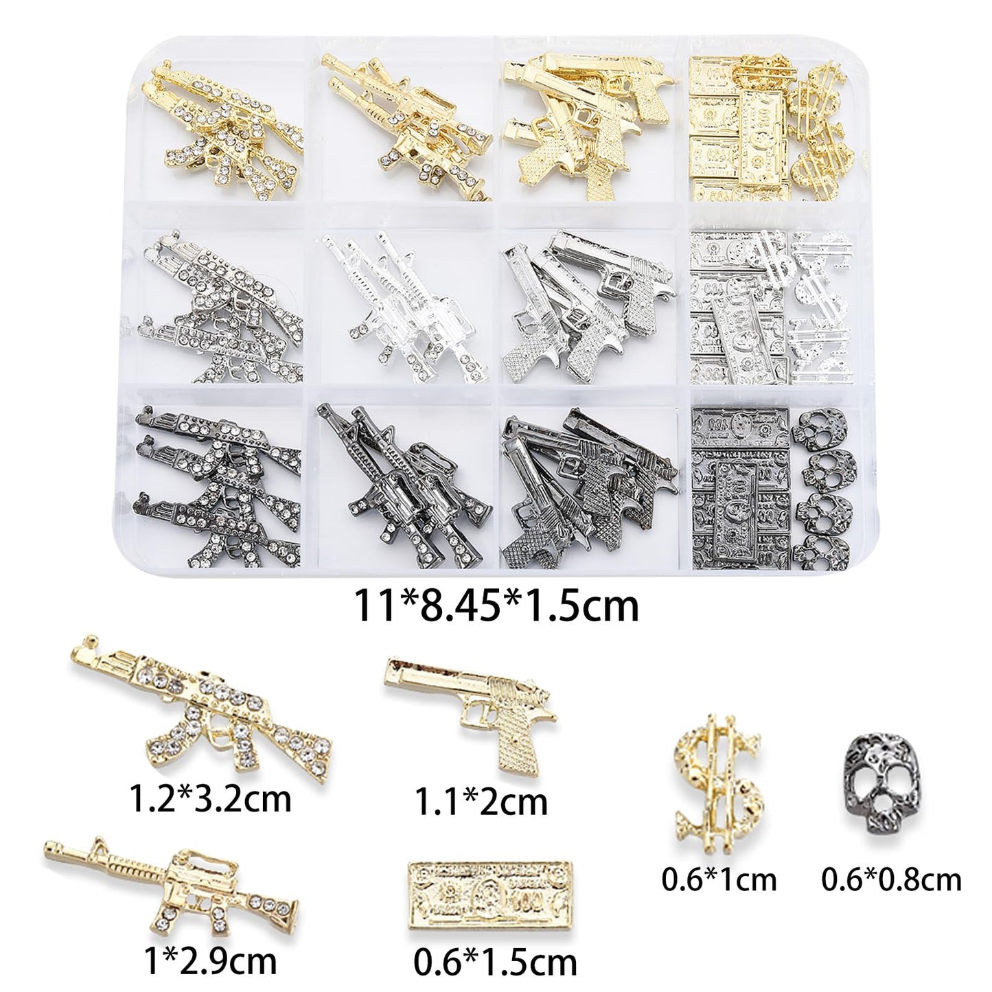 ZUMILLMN 63PCS 3D Gun&Dollar Nail Charms for Alloy Nails,Gold Silver Black Alloy Nail Art Decoration, Nail Stones Nail Jewels Accessories for Nail Art Supplies Manicure Craft DIY