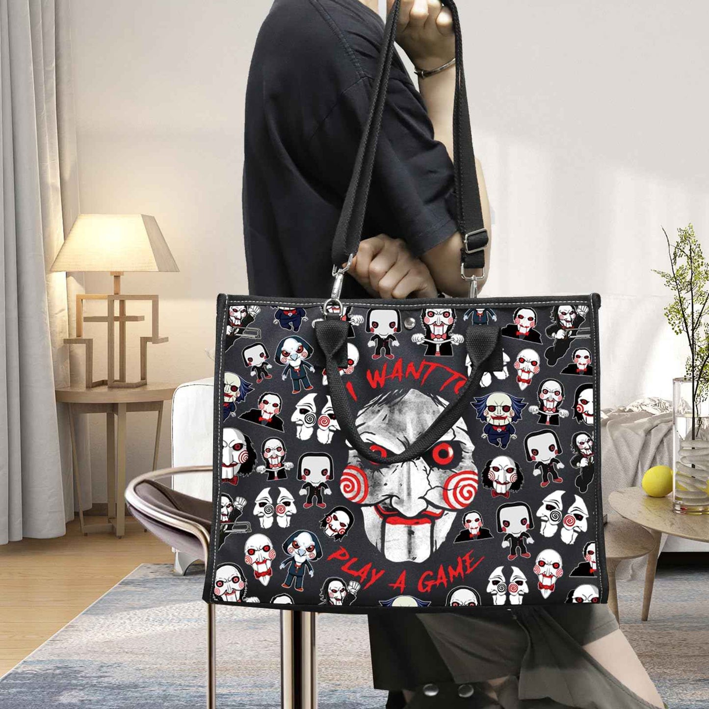 LEVLO Jigsaw Killer Tote Bag Horror Movie Fans Gift I Want To Play A Game Jigsaw Killer Shoulder Bag Horror Movie Merch (Play A Game LT)