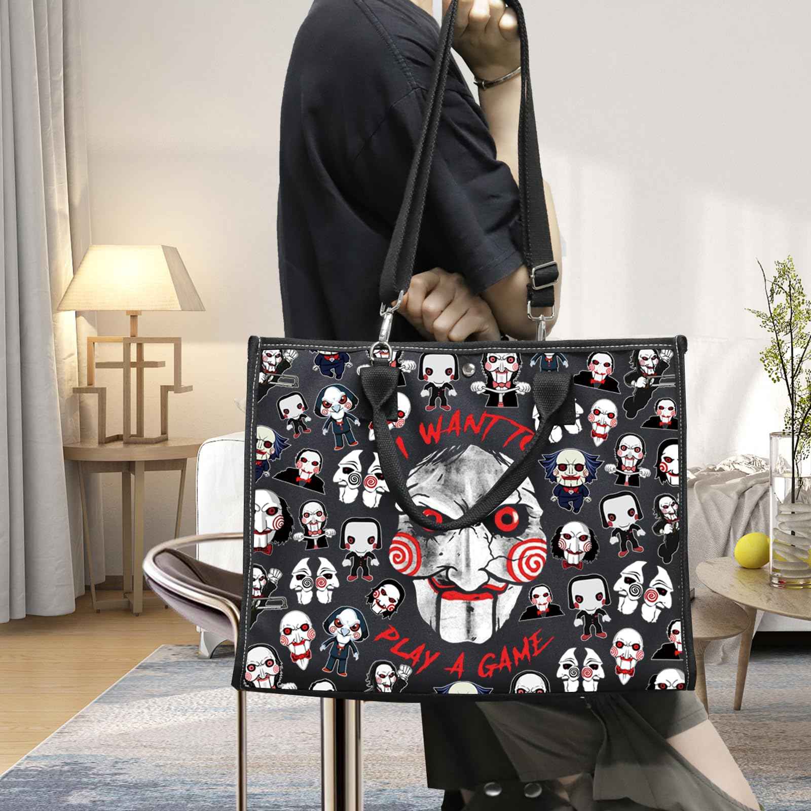 LEVLO Jigsaw Killer Tote Bag Horror Movie Fans Gift I Want To Play A Game Jigsaw Killer Shoulder Bag Horror Movie Merch (Play A Game LT)