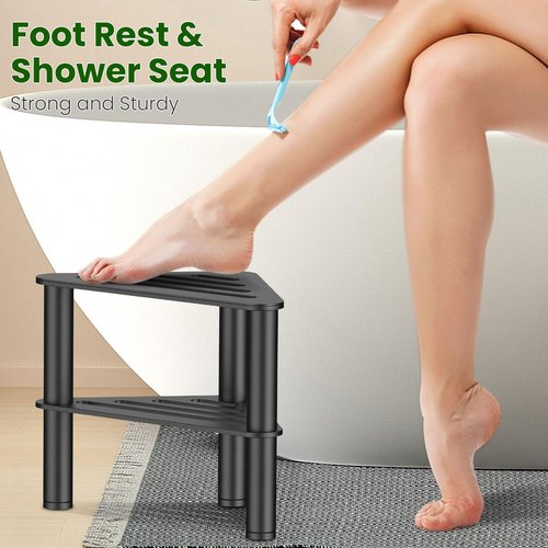 Metal Corner Shower Stool for Shaving Legs, Shower Foot Stool with Storage Shelf, Step Stool & Foot Rest, Waterproof Bathroom Bench Seat, Small Shower Stool for Inside Shower, Feet Adjustable, Black