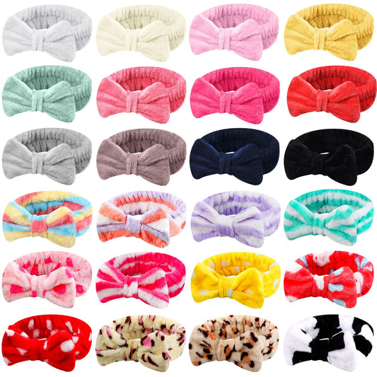 WILLBOND 24 Pack Spa Headband Bow Hair Band Facial Makeup Headband Women For Face Wash Adjustable Skincare Soft Flannel Towel Head Wraps for Shower Washing Face Girls Yoga Sports, 24 Styles