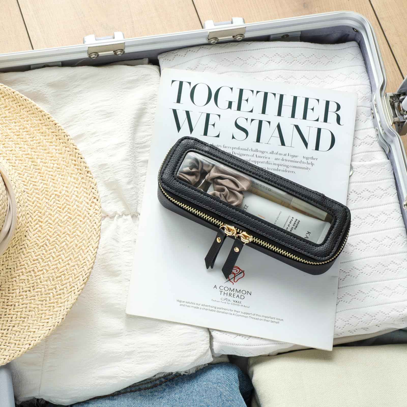 PACKISM Slim Clear Makeup Brush Bag, Pebbled Texture & Hard PU Leather Small Cosmetic Brush Holder, Mini Toiletry Bag Make up Bags with Message Card, Cute Travel Essentials Bag (Black)