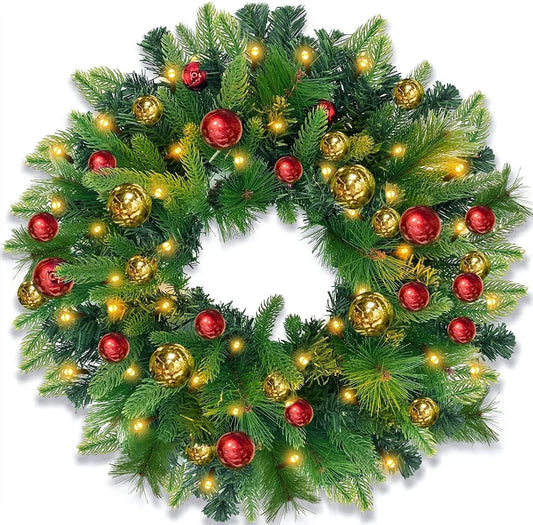 Prelit Christmas Wreath Decor for Front Door Realistic Tips 30 Lights Timer 32 Ball Ornament 160 Branch Pine Needles Battery Operated Artificial Wreath Christmas Decorations Home Indoor Outdoor