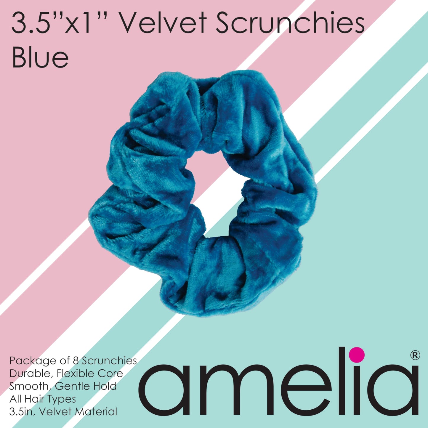 Amelia Beauty, Blue Velvet Scrunchies, Medium 3.5in, Gentle on Hair, Strong Hold, No Snag, No Dents or Creases. 8 Pack