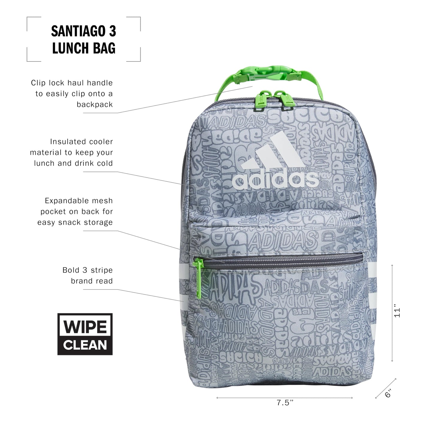 adidas Santiago Insulated Lunch Bag (6.5L) with Clip Lock Handle, Adi Font Madness Stone Grey/Grey/Lucid Lime Green, One Size