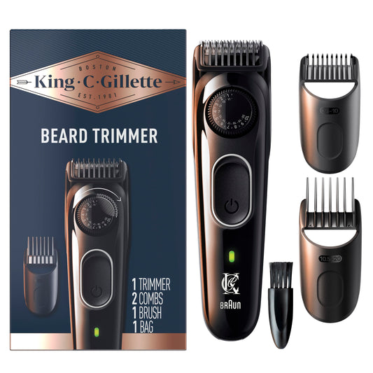 King C. Gillette Cordless Beard Trimmer for Men, Kit includes 1 Trimmer, 3 Interchangeable Combs, 1 Cleaning Brush, 1 Charger, 1 Travel Bag, BLUE