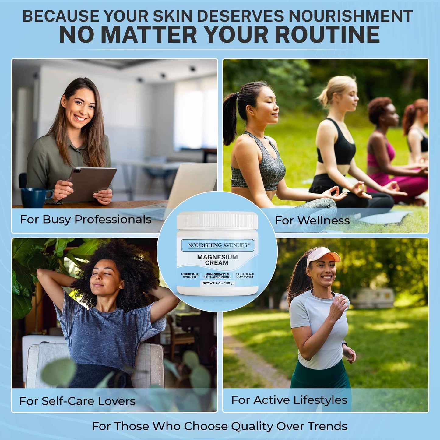 NOURISHING AVENUES Magnesium Cream - Natural Magnesium Cream for Skin Care of Body, Legs & Feet - Non-Greasy - Unscented Formula for Nighttime – Hydrating Topical Moisturizer 4 Oz