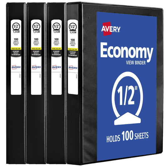 Avery Economy View 3 Ring Binders, 0.5" Round Rings, 100-Sheet Capacity, Black, 4 Pack (17701)