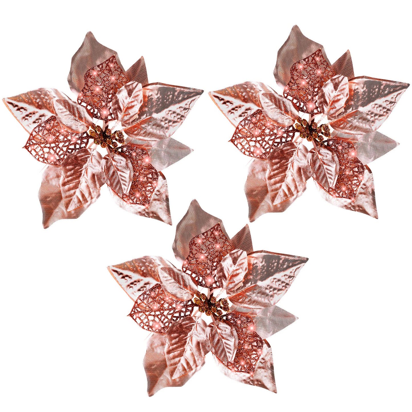 30 Pieces 8 Inches Large Christmas Artificial Poinsettia Flower Christmas Tree Glitter Faux Flowers Floral Wreath Garland Xmas Tree Ornaments for Wedding Holiday Wreath DIY (Rose Gold)