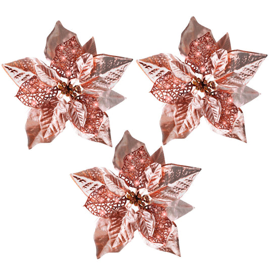 30 Pieces 8 Inches Large Christmas Artificial Poinsettia Flower Christmas Tree Glitter Faux Flowers Floral Wreath Garland Xmas Tree Ornaments for Wedding Holiday Wreath DIY (Rose Gold)