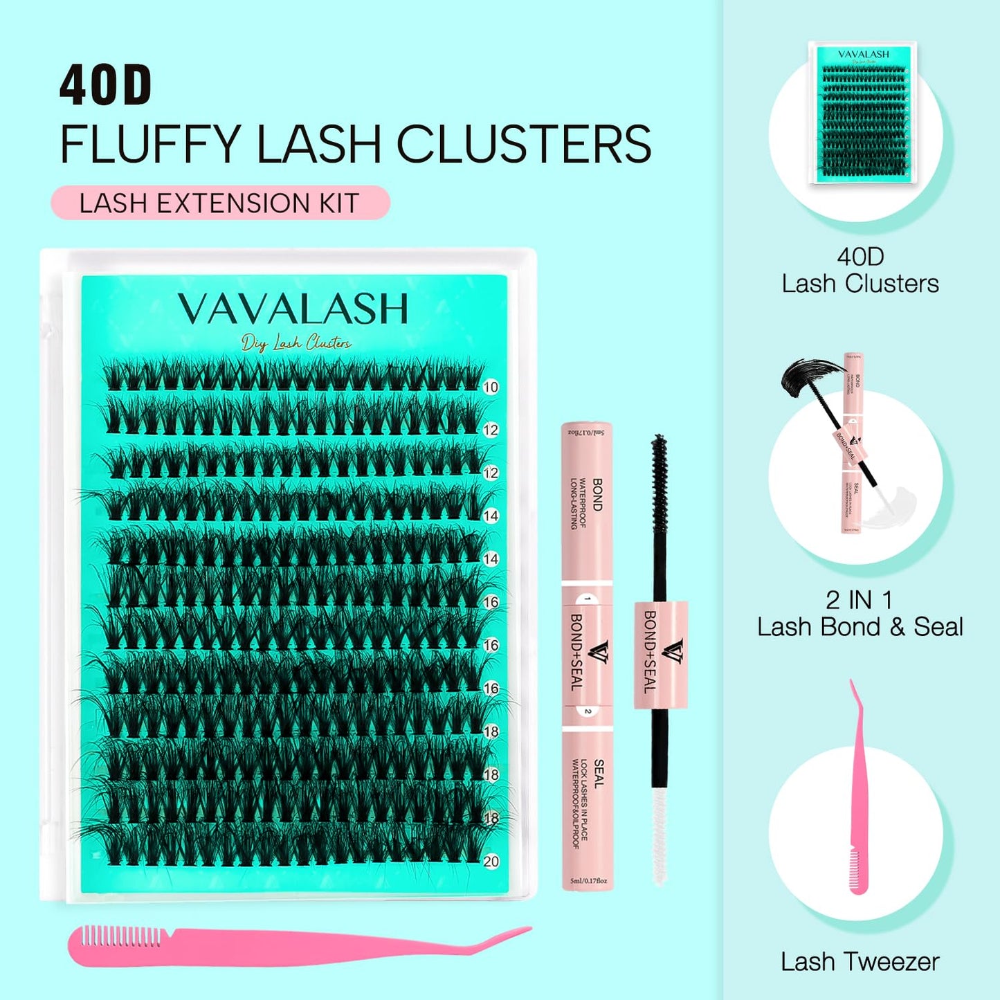 VAVALASH 40D Lash Clusters Kit 10-20mm Cluster Lashes Wispy Individual Volume Lashes, Lash Bond and Seal Glue, Lash Tweezer for DIY Lash Extension at Home (KIT-40D-10-20MIX)