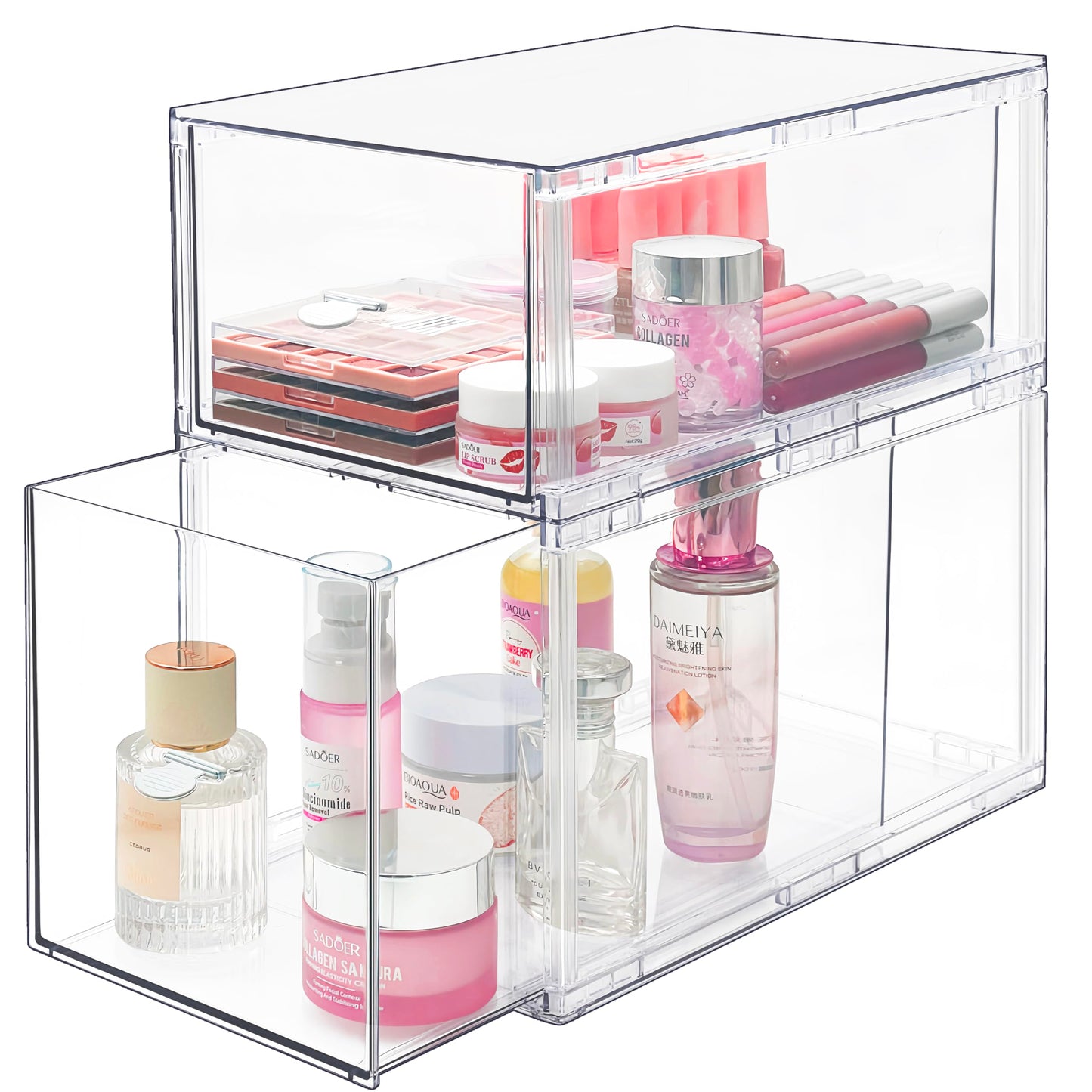 Spaclear Stackable Storage Drawers Set of 2, Clear Makeup Organizer for Vanity, Acrylic Cosmetic Display Cases, Large Capacity Makeup Organizer Countertop, Undersink, Kitchen Organization and Storage