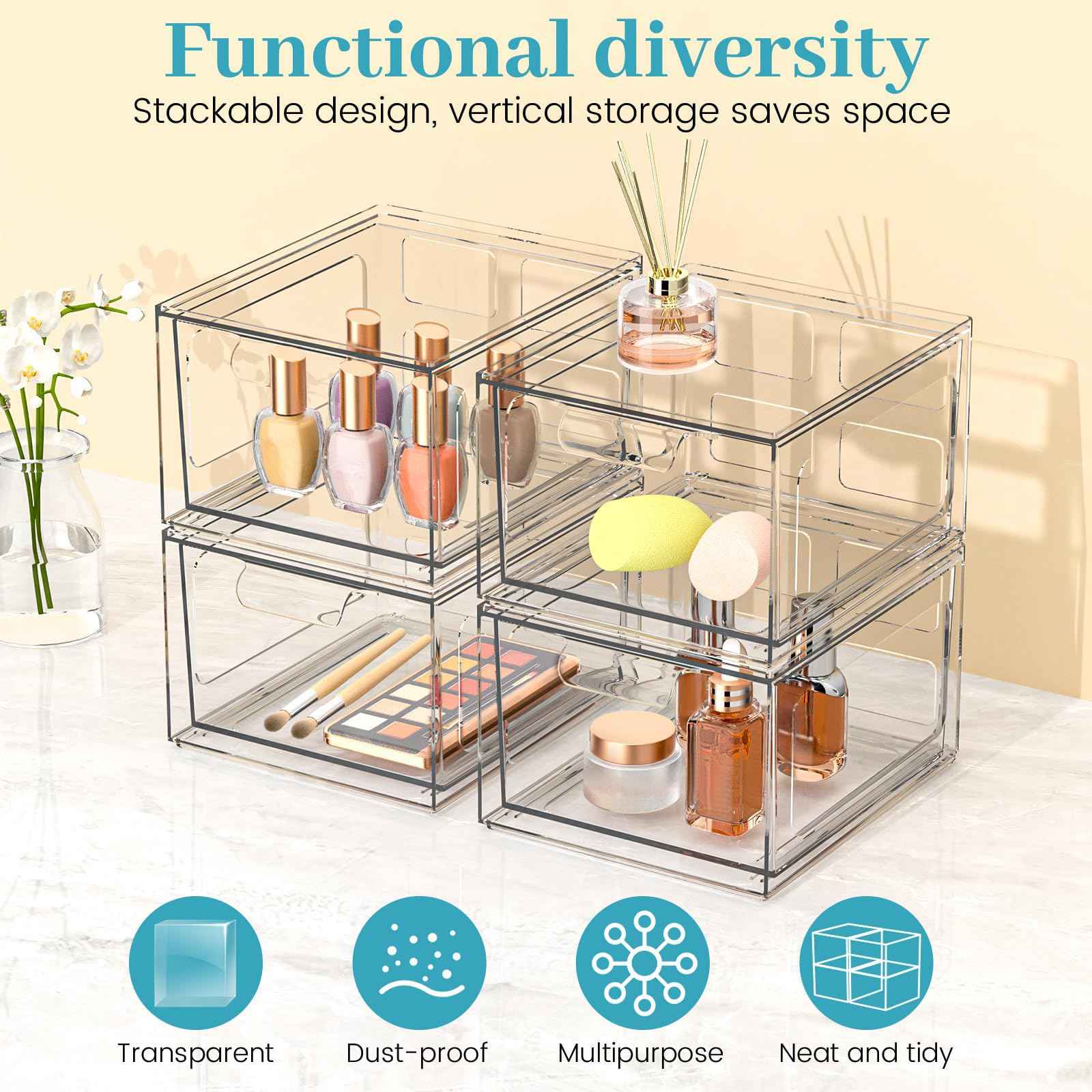 SpaceHacks 6 Pack Stackable Plastic Makeup Organizer Drawers, Acrylic Organizers, Clear Storage Bins with Pull-Out Handles for Vanity, Kitchen Cabinets, Pantry