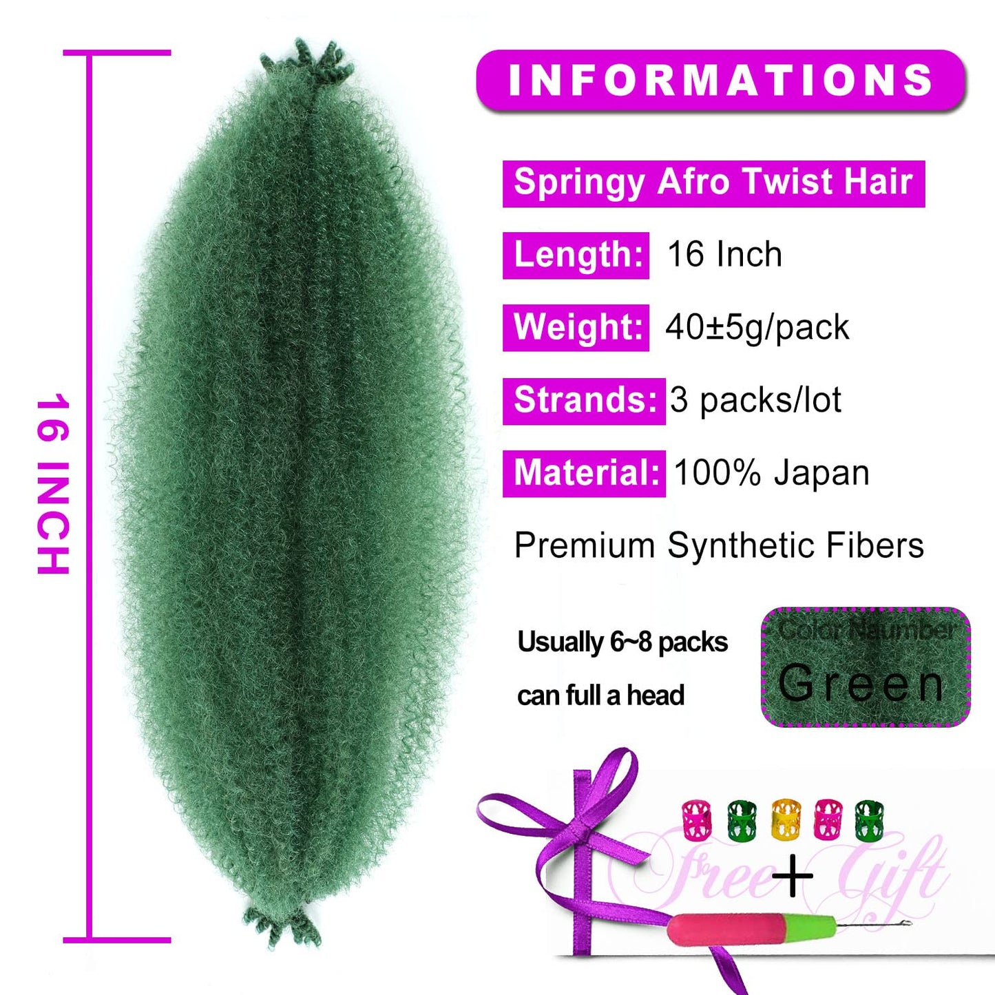 Springy Afro Twist Hair 16Inch 3Packs Afro Twist Hair Pre Stretched Wrapping Hair (16 Inch (Pack of 3), D-Green) …