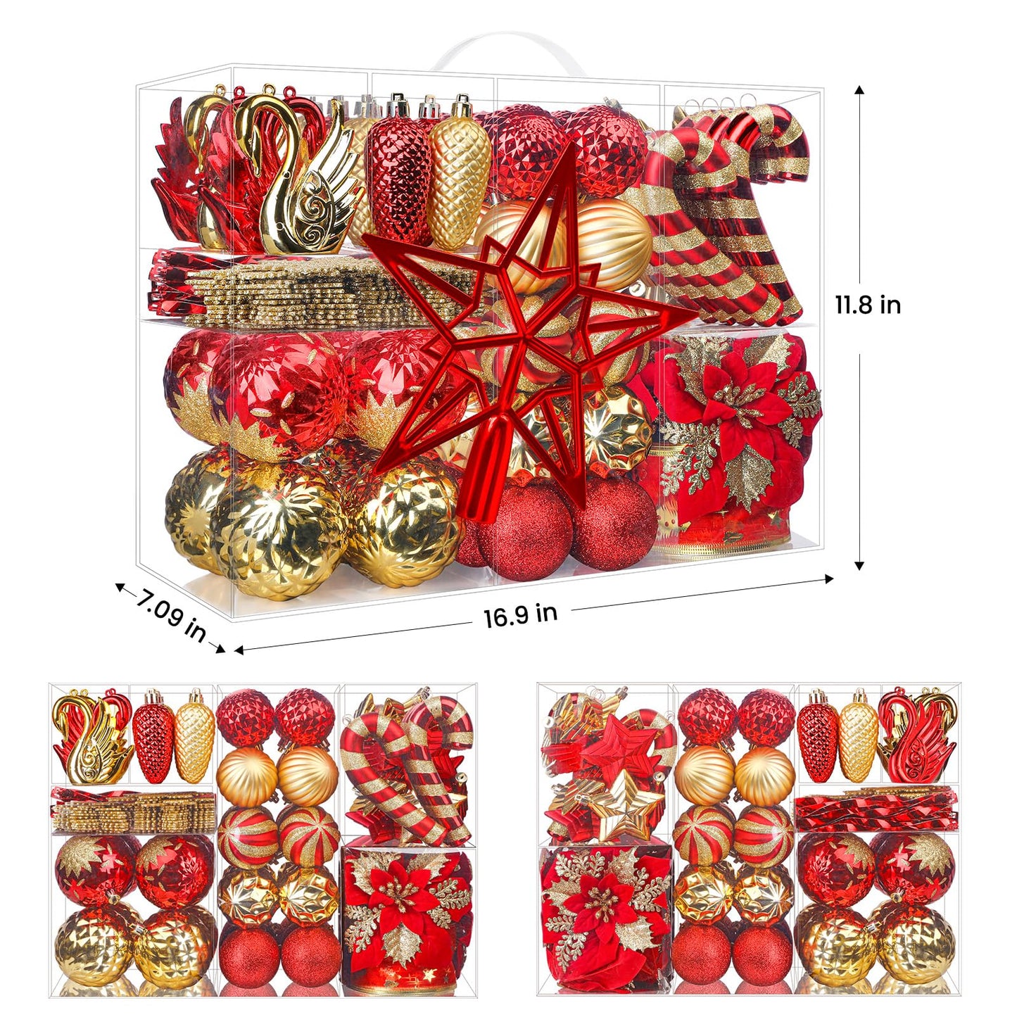 Alupssuc 128pcs Christmas Balls Ornaments Set, Shatterproof Plastic Baubles Christmas Flowers, Ribbon and Tree Topper for Xmas Tree Holiday Wedding Party Decorations with Hanging Strings, Red and Gold