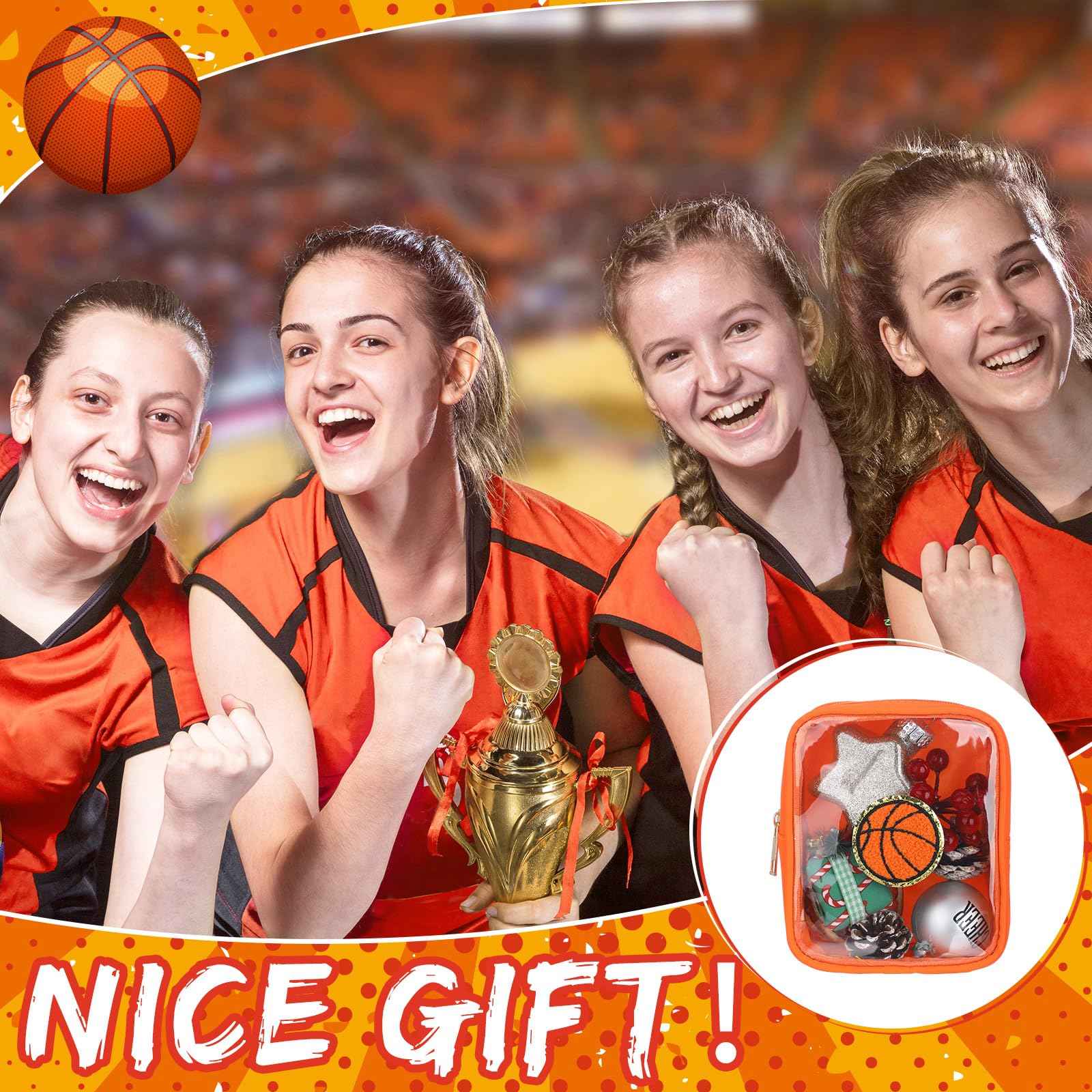 Reginary 12 Pcs Chenille Patch Gift Bags Senior Night Gift Bag Waterproof Travel Size Pack for Party Favors Team Stuff(Basketball)