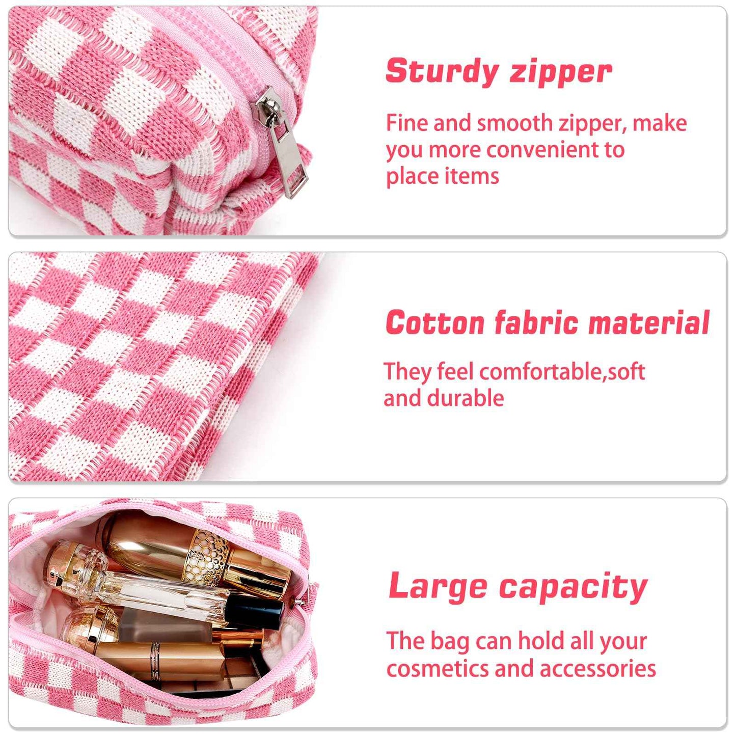 ZLFSRQ 2Pcs Checkered Pencil Case Cute Pencil Pouch for Teens Pink Checkered Makeup Bag Travel Cosmetic Bag Set Cute Preppy Makeup Pouch for Purse Portable Zippered Skincare Toiletry Bags Organizer
