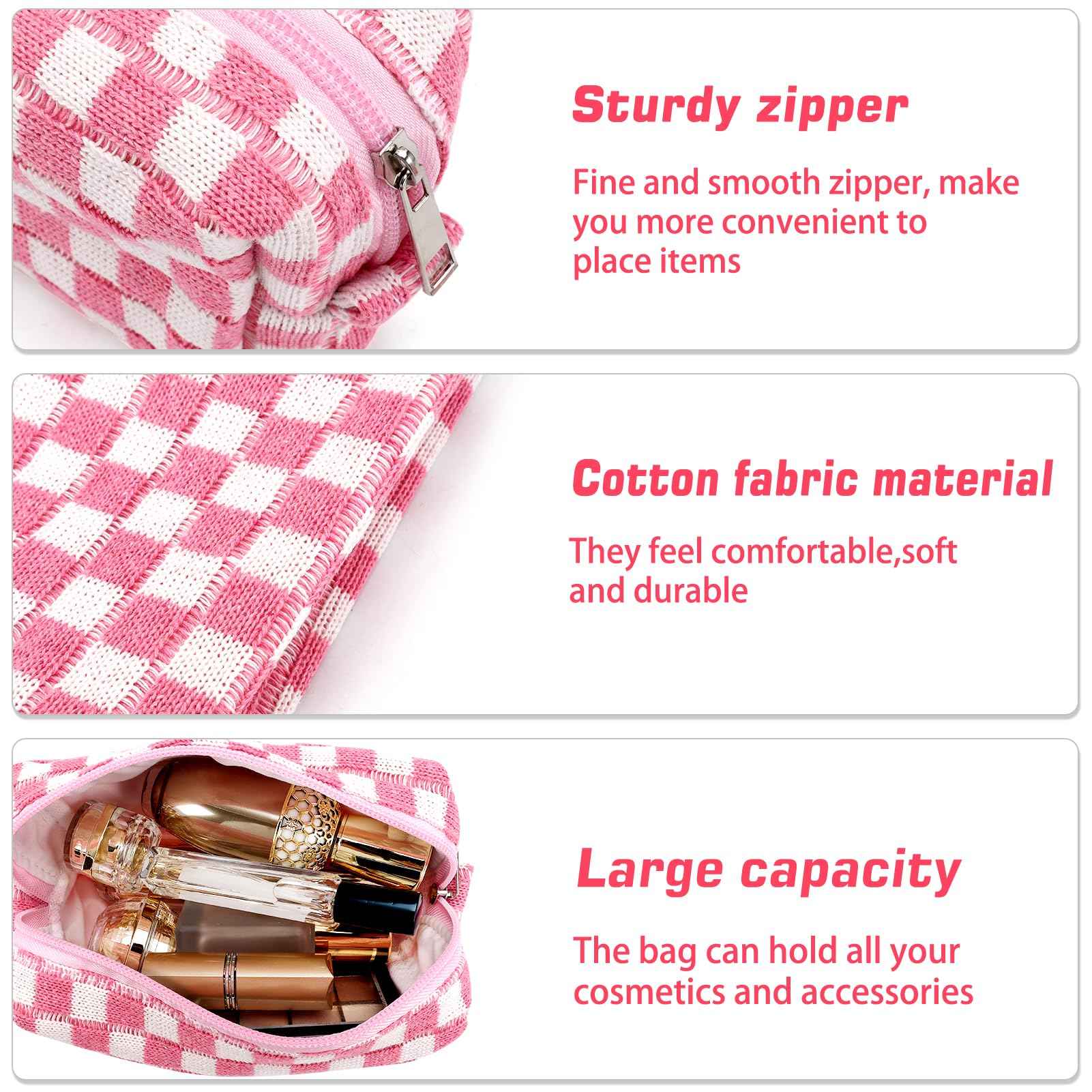 ZLFSRQ 2Pcs Checkered Pencil Case Cute Pencil Pouch for Teens Pink Checkered Makeup Bag Travel Cosmetic Bag Set Cute Preppy Makeup Pouch for Purse Portable Zippered Skincare Toiletry Bags Organizer