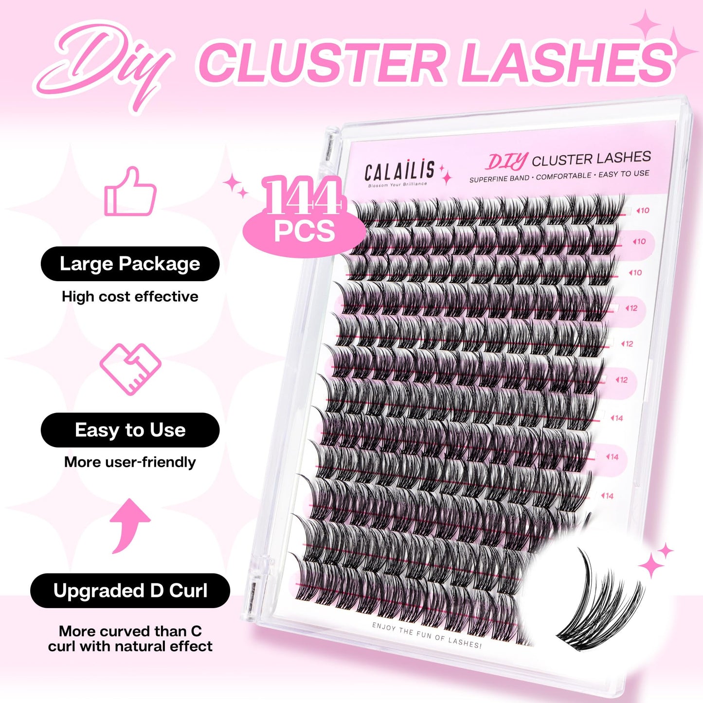 CALAILIS Cluster Lashes, 144Pcs D Curl Lash Clusters DIY Lash Extensions Mega Volume Eyelash Clusters Reusable Wispy Individual Lashes Super Thin Band and Soft (DD506, D-10-16MIX)