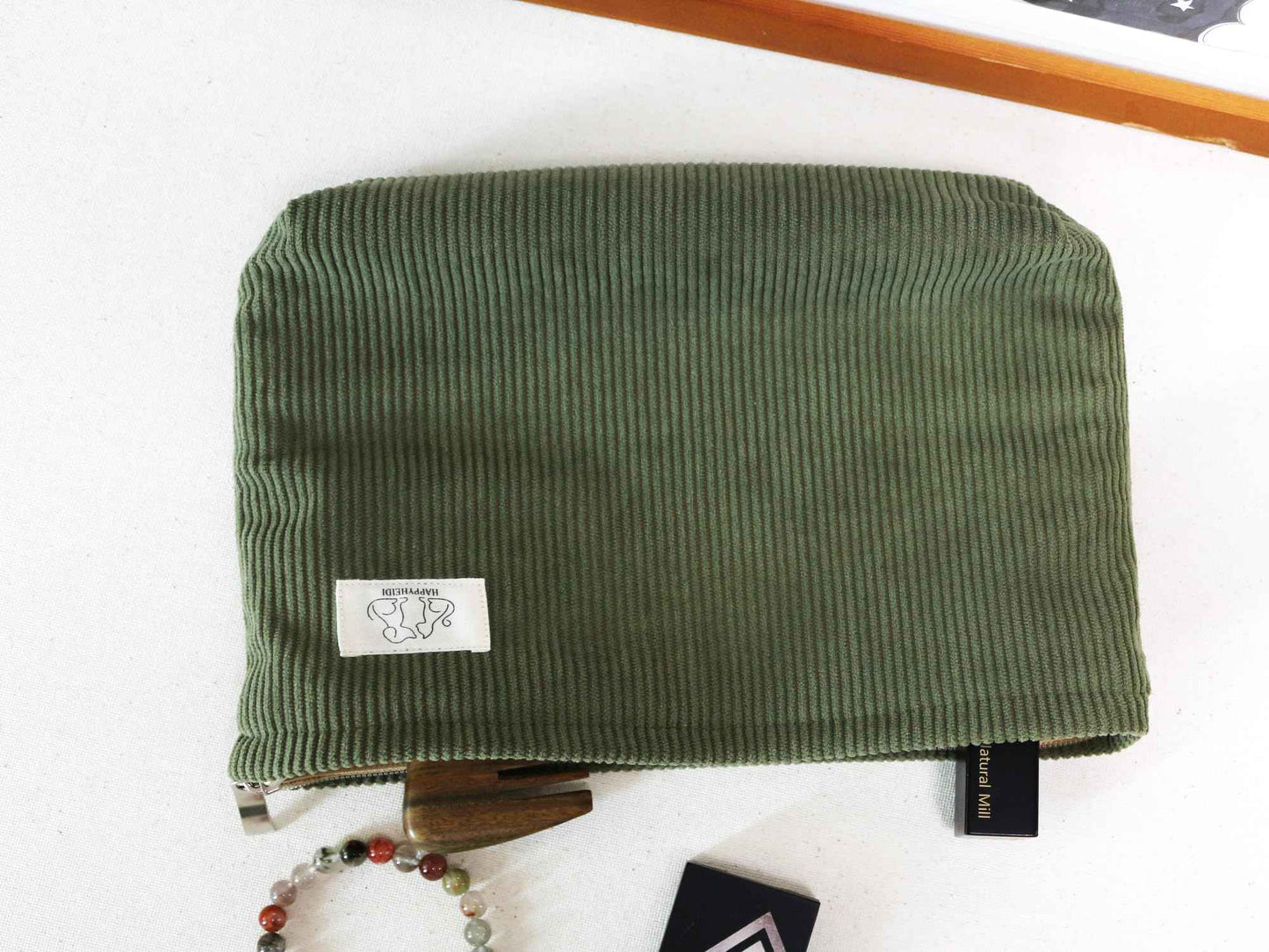 HAPPYHEIDI Navy Green Corduroy Makeup Bag Cosmetic Toiletry Travel Pouch, Make Up Accessory Purse Organizer, Canvas Lined
