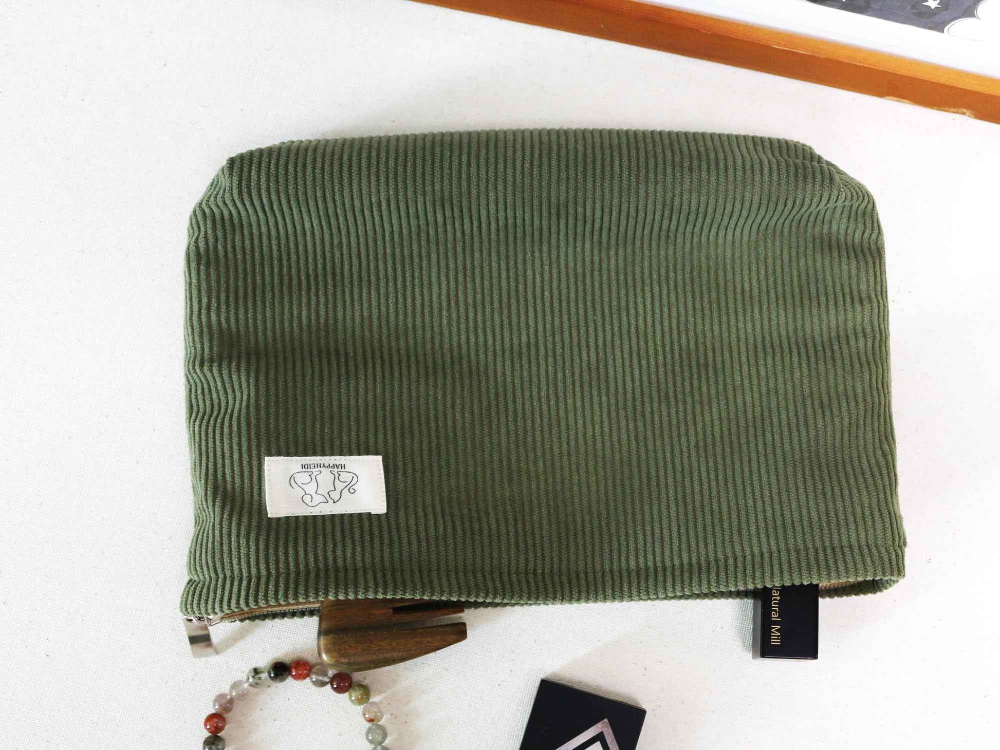 HAPPYHEIDI Navy Green Corduroy Makeup Bag Cosmetic Toiletry Travel Pouch, Make Up Accessory Purse Organizer, Canvas Lined