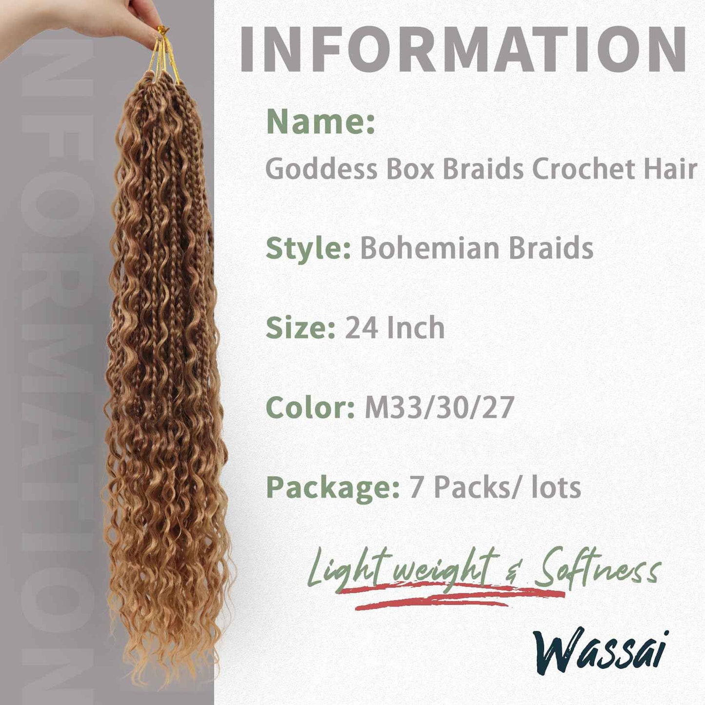 Goddess Box Braids Crochet Hair 24 Inch 7 Packs Boho Crochet Braids Pre Looped Bohemian Gypsy Braids Crochet Hair for Women Brown and Blonde Braiding Hair Extensions, M33/30/27