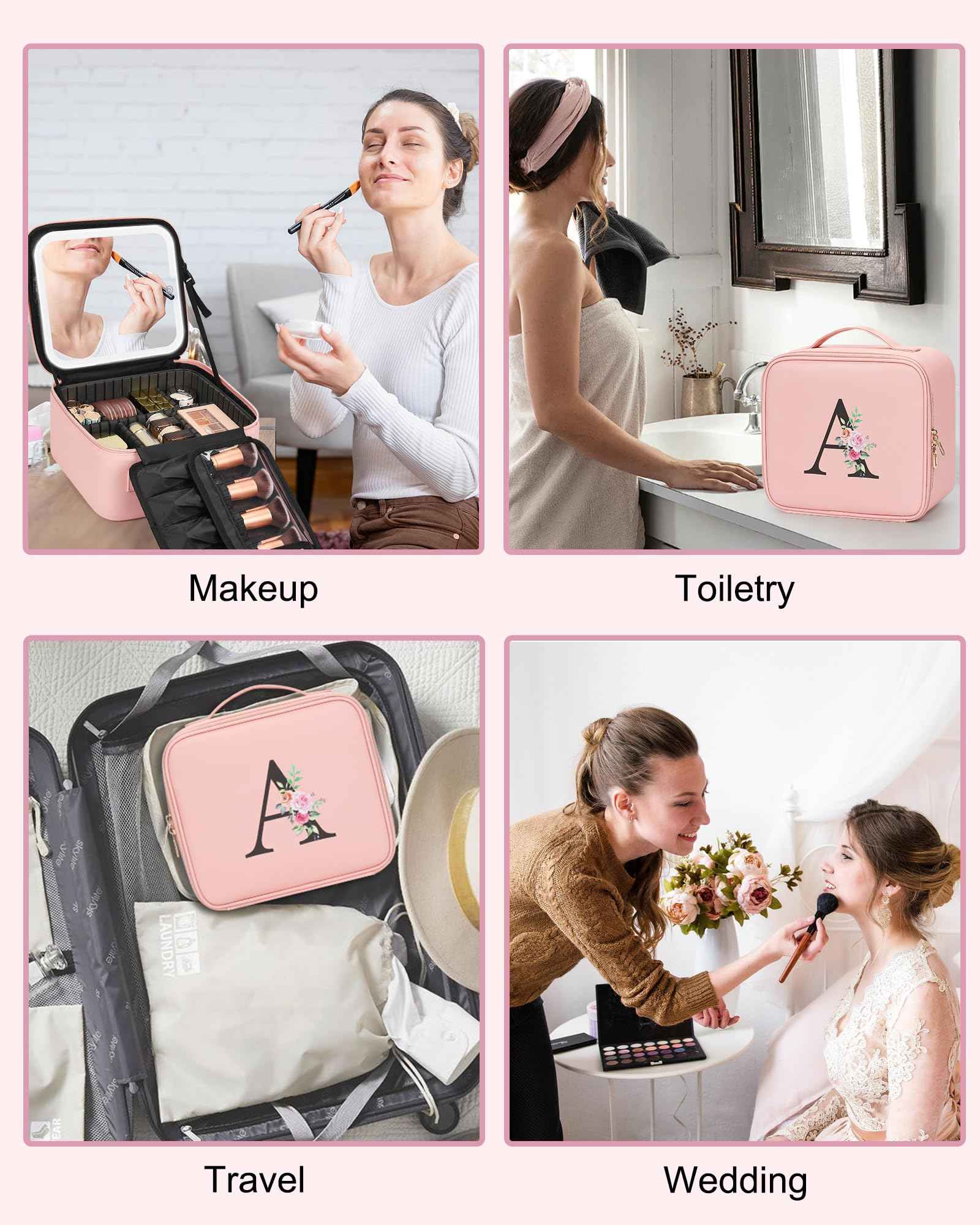 Relavel Initial Makeup Bag with LED Mirror for Women Girls, Personalized Travel Cosmetic Organizer Train Case, Birthday Gifts for Grandkids Bridesmaid Graduation Teacher Friends, Trendy Stuff, Pink H