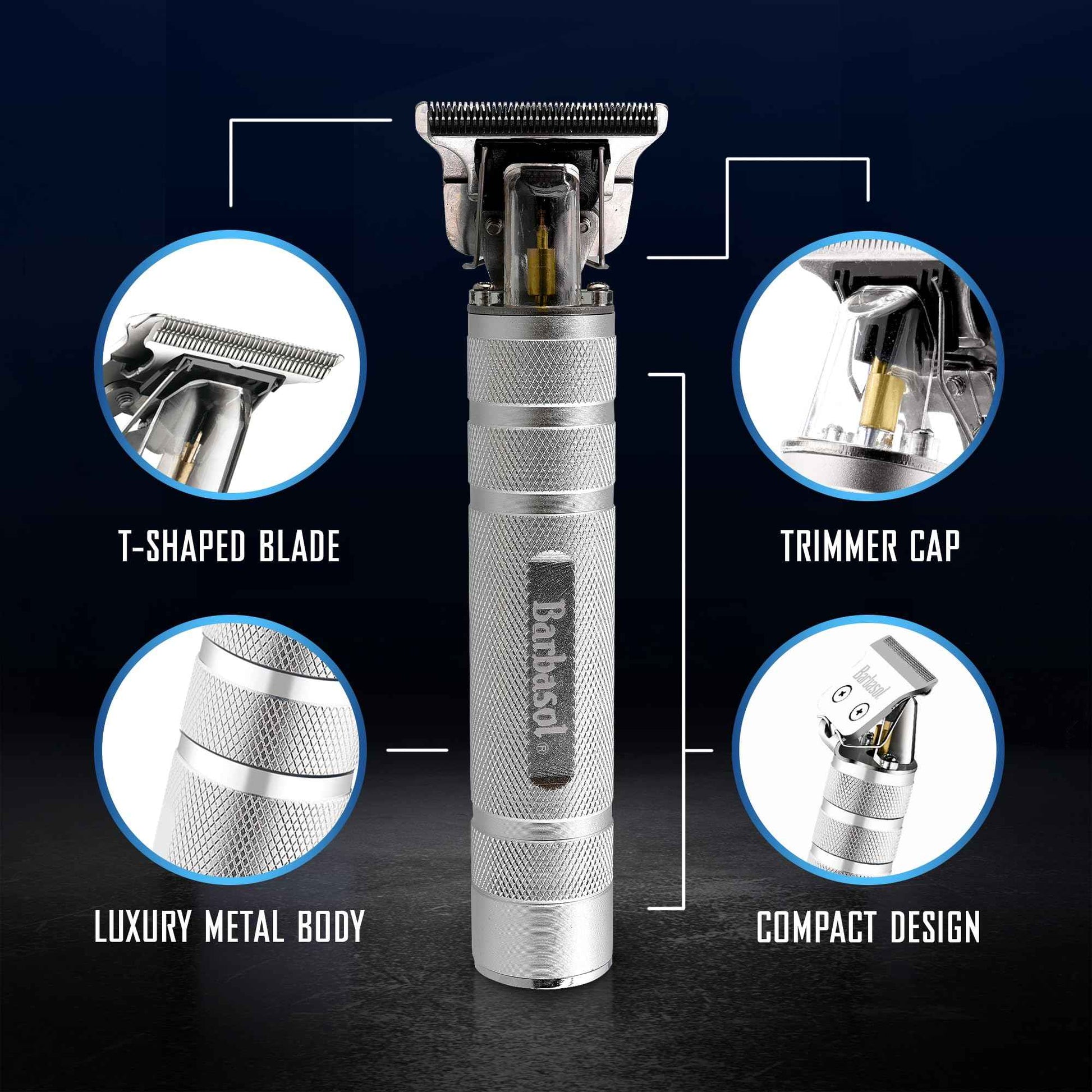 Barbasol Stainless-Steel Rechargeable Zero-Gapped T-Blade Trimmer, Hanging Blade, 3 Guide Combs