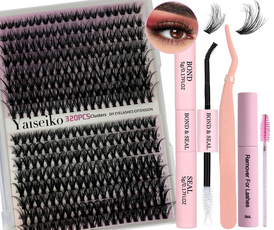Lash Extension Kit with 320 Pcs 30D+40D Lash Clusters, Bond and Seal and Remover Lash Applicator D Curl 9-16mm Mix DIY Eyelash Individual Lashes for Beginners Self Application DIY at Home, by Yaiseiko