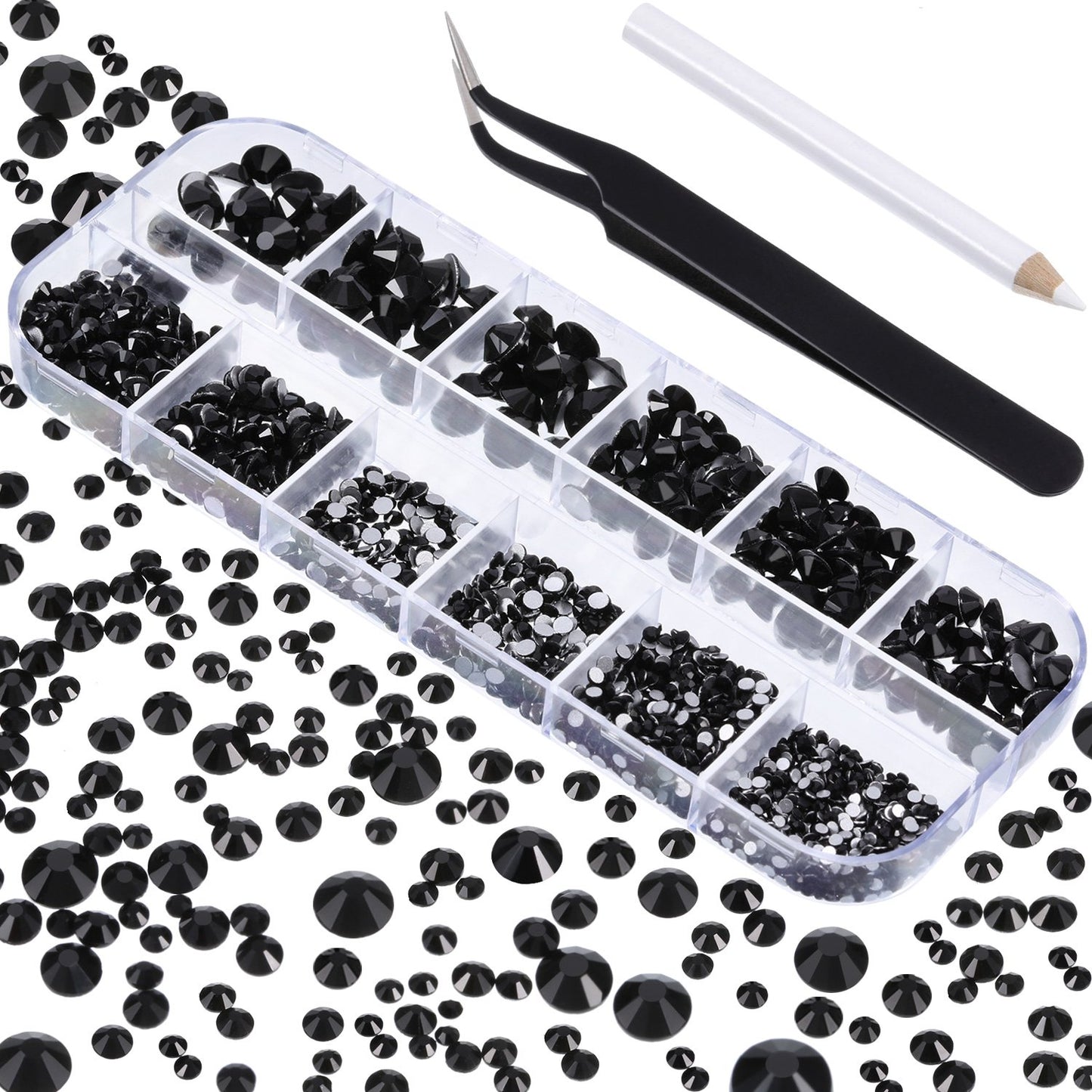 2000 Pieces Flat Back Gems Rhinestones 6 Sizes (1.5-6 Mm) Round Crystal Rhinestones with Pick up Tweezer and Rhinestones Picking Pen for Crafts Nail Clothes Shoes Bags DIY Art (Black)