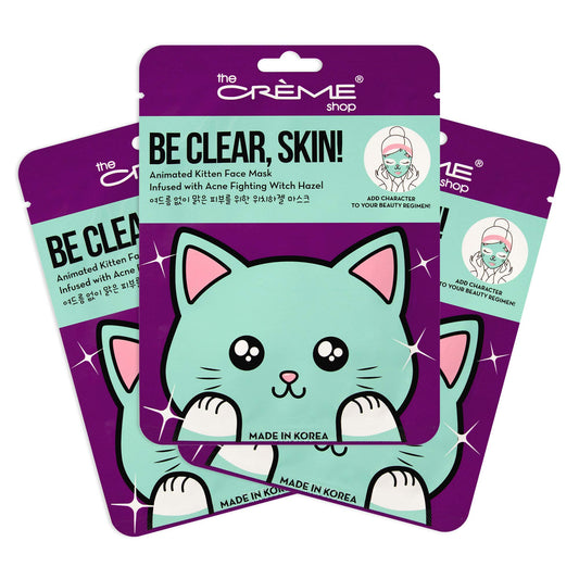 The Creme Shop Animal Sheet Mask, Korean, Hydrating, Collagen, Vitamin C, Anti-Aging - Pack of 3 (Kitten)