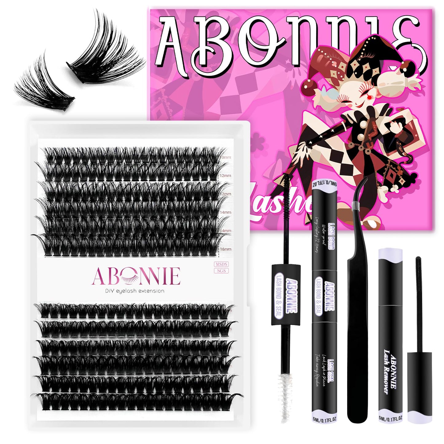 ABONNIE DIY Lash Extension Kit,Cluster lash Extensions Kit, 10-16mm Mix Lash Clusters, 60D+80D D Curl Lash Clusters Kit with Bond and Seal and Tweezer and Remover,at Home Lash Extensions Kit