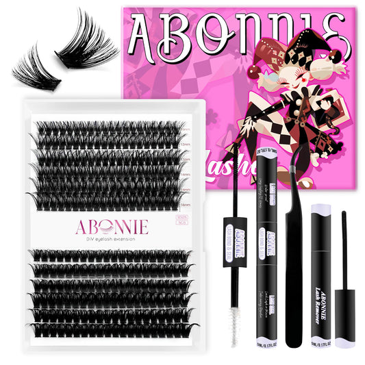 ABONNIE DIY Lash Extension Kit,Cluster lash Extensions Kit, 10-16mm Mix Lash Clusters, 60D+80D D Curl Lash Clusters Kit with Bond and Seal and Tweezer and Remover,at Home Lash Extensions Kit