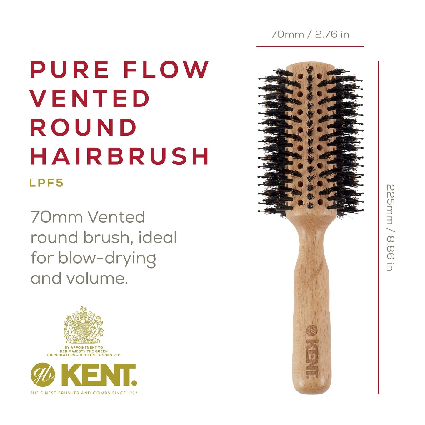 Kent LPF5 Pure Flow Large Vented Round Brush for Blow Drying - FSC Certified Beech Wood Brush Filled with Natural Boar Bristle and Nylon Bristle Hair Brush - Round Hair Brush for Blow Drying and Lift