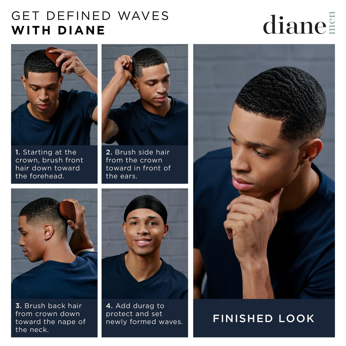 Diane Reinforced Boar Bristle Curved Military Wave Brush for Men and Barbers – Medium Bristles for Thick and Curly Hair – Use for Detangling, Smoothing, Wave Styles, Restore Shine and Texture