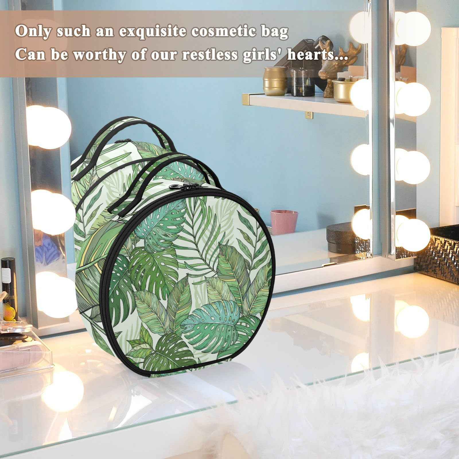 senya Round Cosmetic Pouch Travel Makeup Train Case Tropical Palm Leaves Makeup Organizer Bag with Adjustable Dividers Portable for Cosmetics Makeup Brushes Toiletry Jewelry Accessories