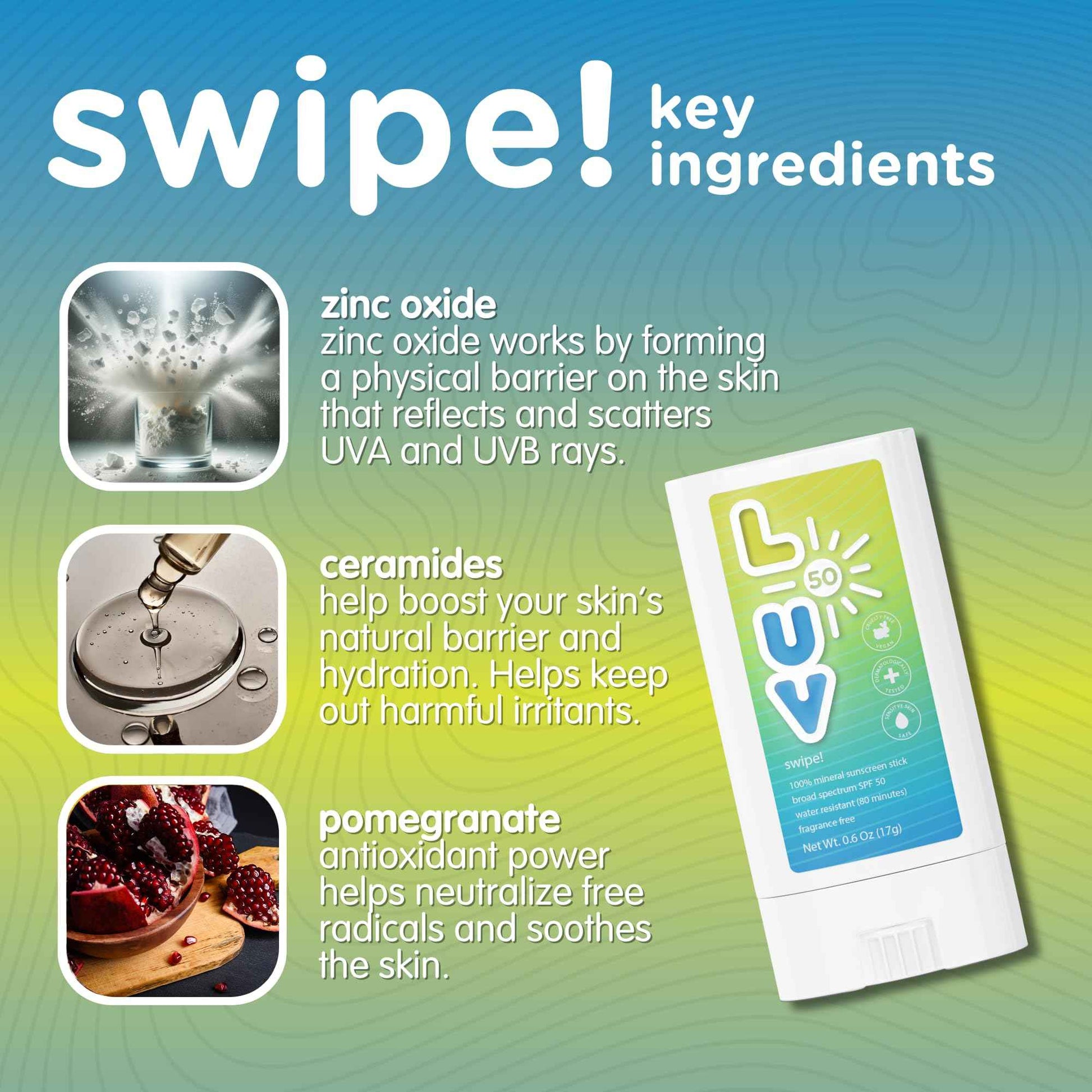 L-UV swipe! SPF 50 Mineral Sunscreen Stick, Broad-Spectrum Protection Against UVA & UVB Rays, Perfect For Everyday Activities & Outdoor Adventures, Lightweight Sun Protection, Sensitive Skin Safe.