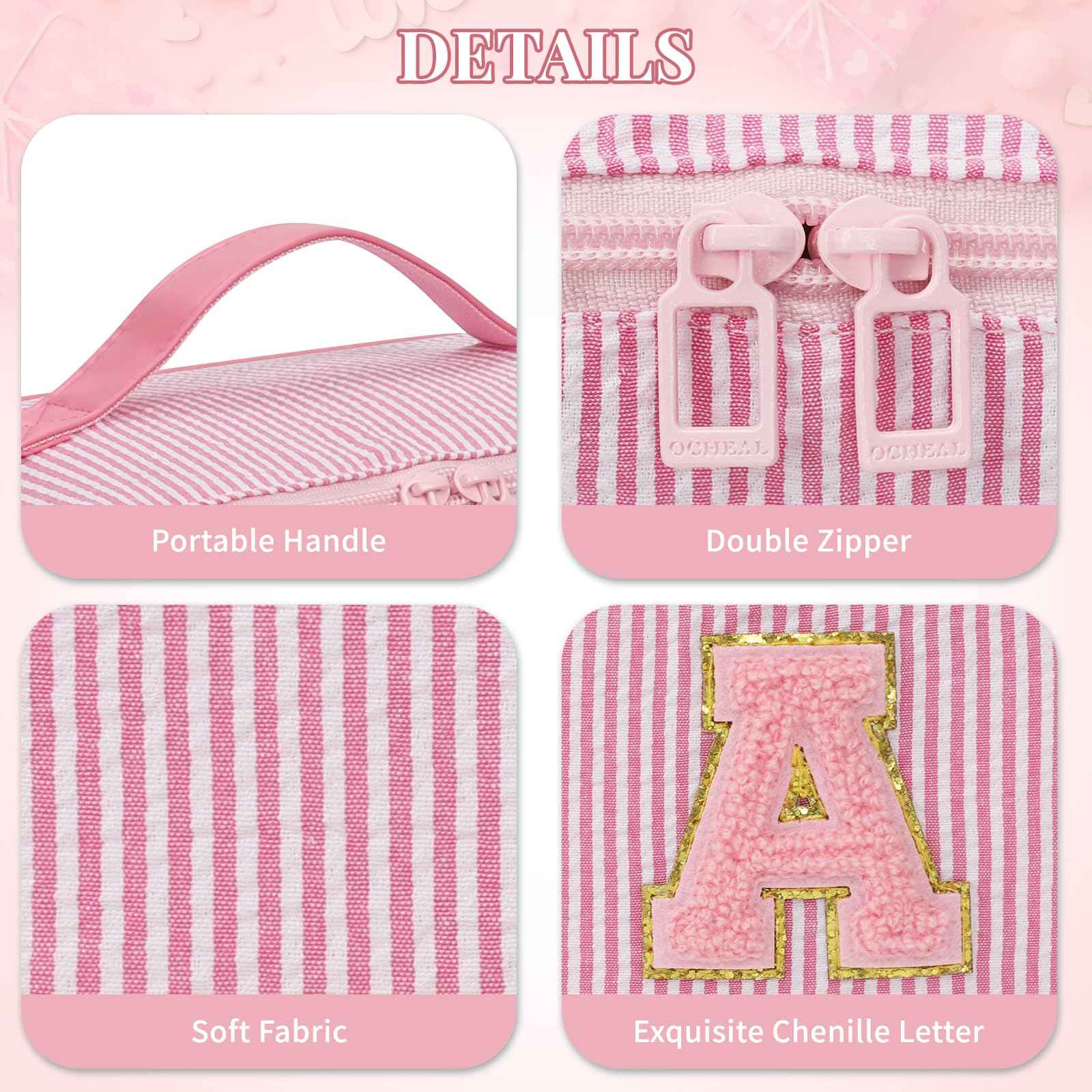Travel Makeup Bag for Women, 2Pcs Portable Personalized Initial Makeup Organizer Bag, Open Flat Large Cosmetic Bag With Travel Essential Pouch (Pink Letter M)