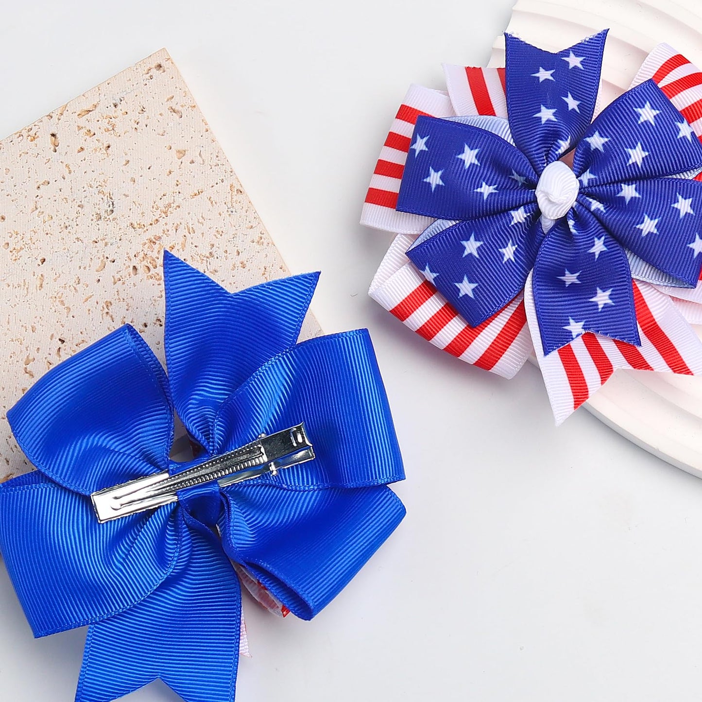 Patriotic Party Grosgrain Ribbon Barrettes - 4th of July Star Hair Clips, Alligator Clips for Women and Girls, Blue Stripes, Holiday and Memorial Day, 2PCS