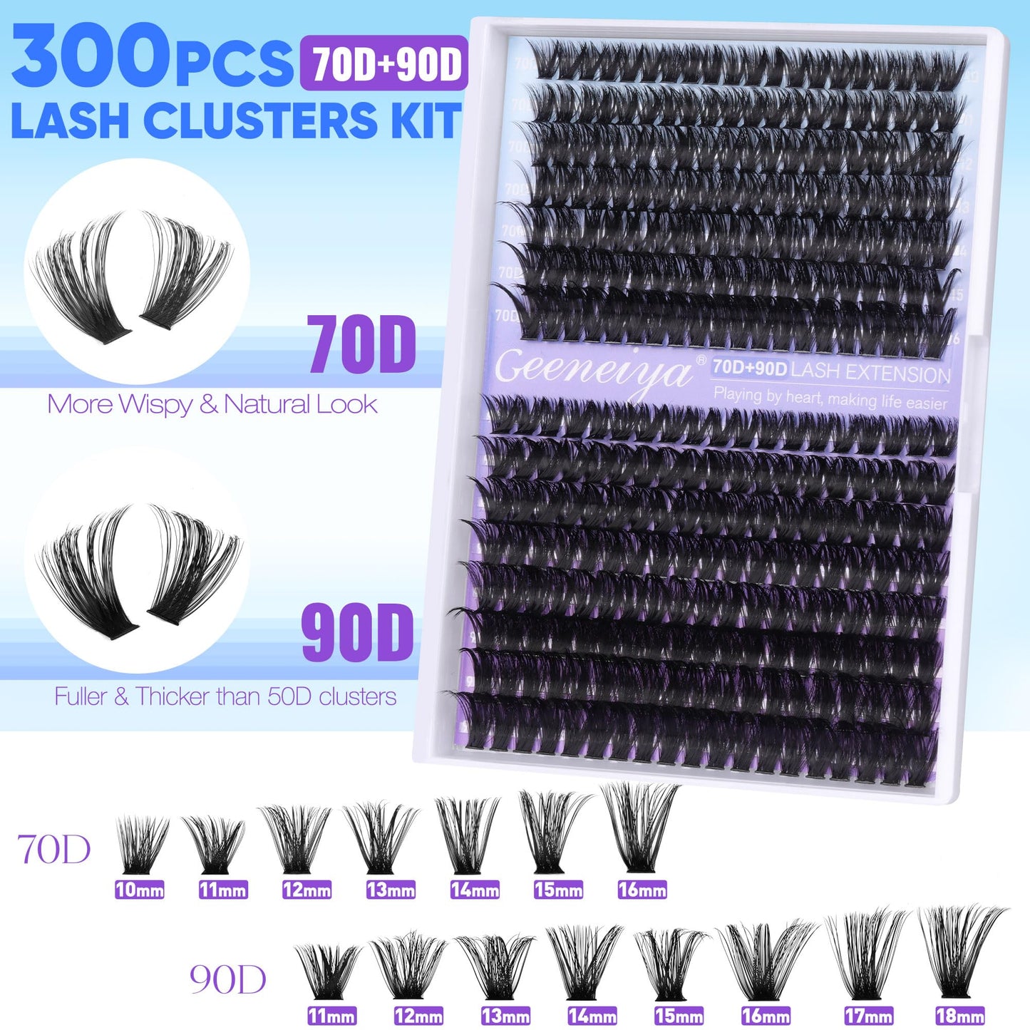 Geeneiya 70D+90D Lash Extension Kit Wispy Lash Clusters Kit 10-18mm Natural Cluster Eyelash Extension Kit Individual Lashes with Waterproof Lash Bond and Seal Glue, Lash Tweezers (0.05D, 300PCS)